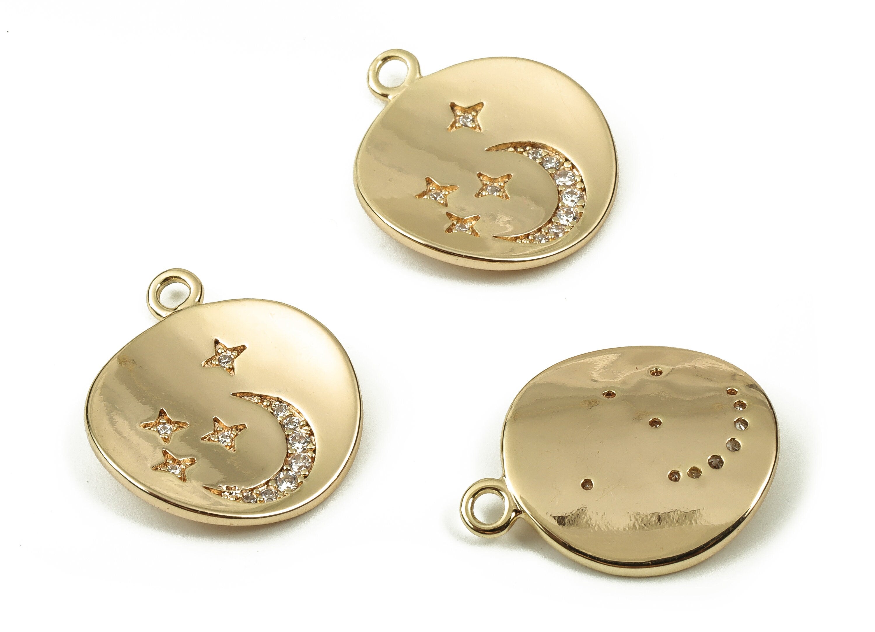 Brass Round Earring Charms With Zircons - Gold Moon Star Pendant - 18K Real Gold Plated Brass - Jewelry Supplies - 20.78x17.1x1mm - RGP3752 - DOMEDBAZAAR