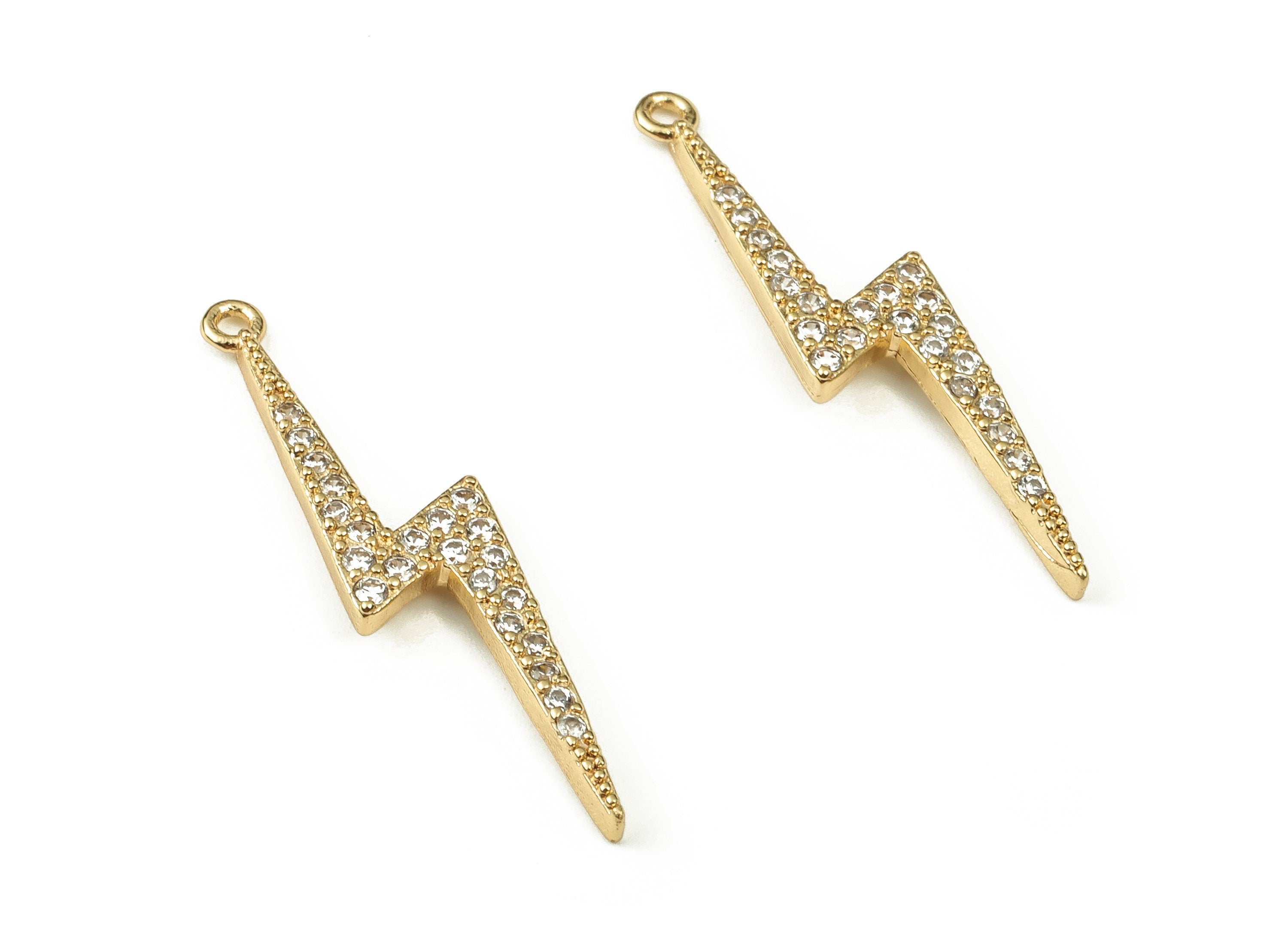 Brass Lightning Earring Charms With Zircons - Gold Lightning Pendant - 18K Real Gold Plated Brass - 27.21x6.44x1.65mm - RGP3783 - DOMEDBAZAAR