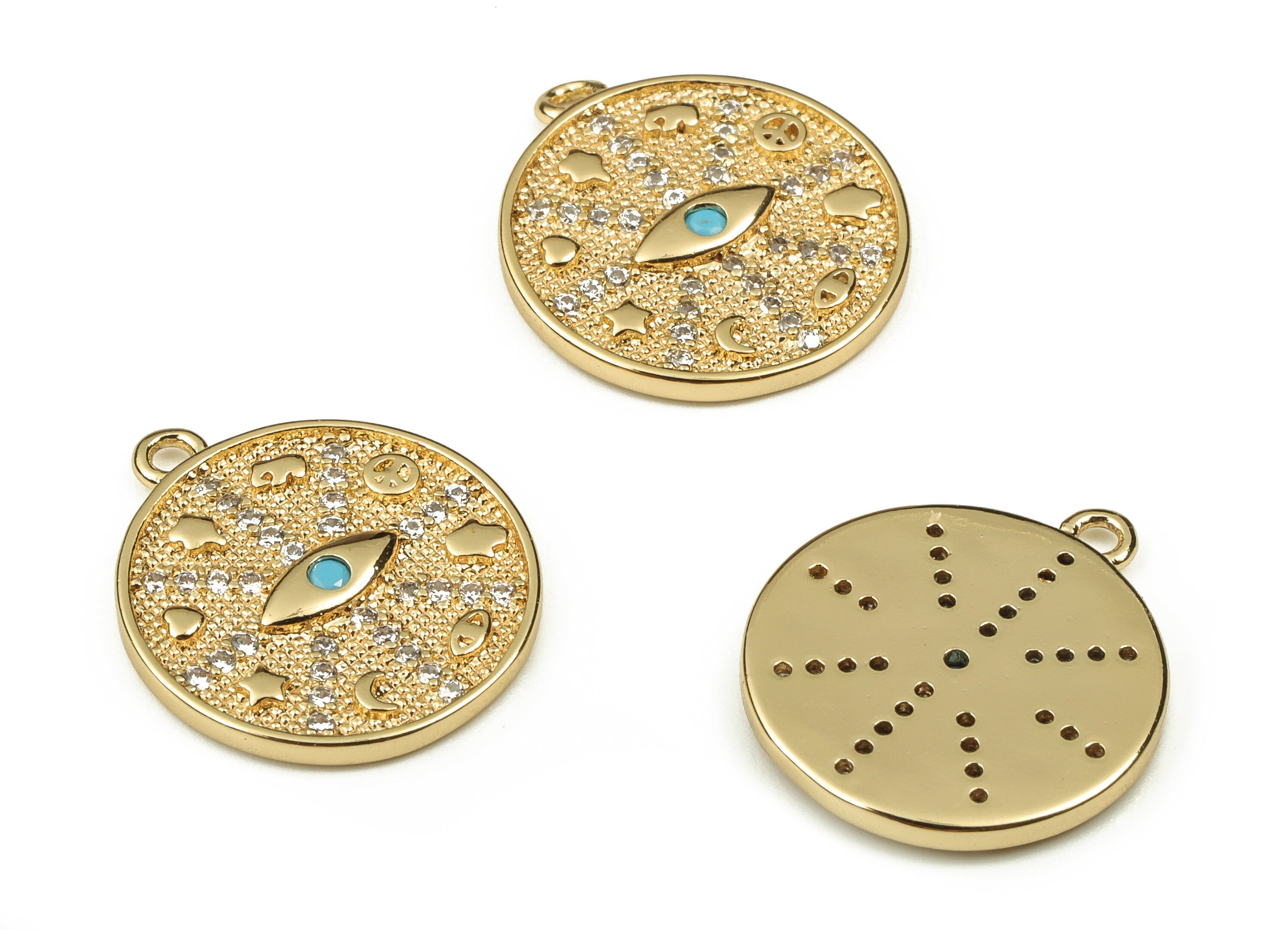 Brass Round Earring Charms With Zircons - Gold Eye Pendant - 18K Real Gold Plated Brass - Jewelry Supplies - 17.02x14.83x1.75mm - RGP3828 - DOMEDBAZAAR