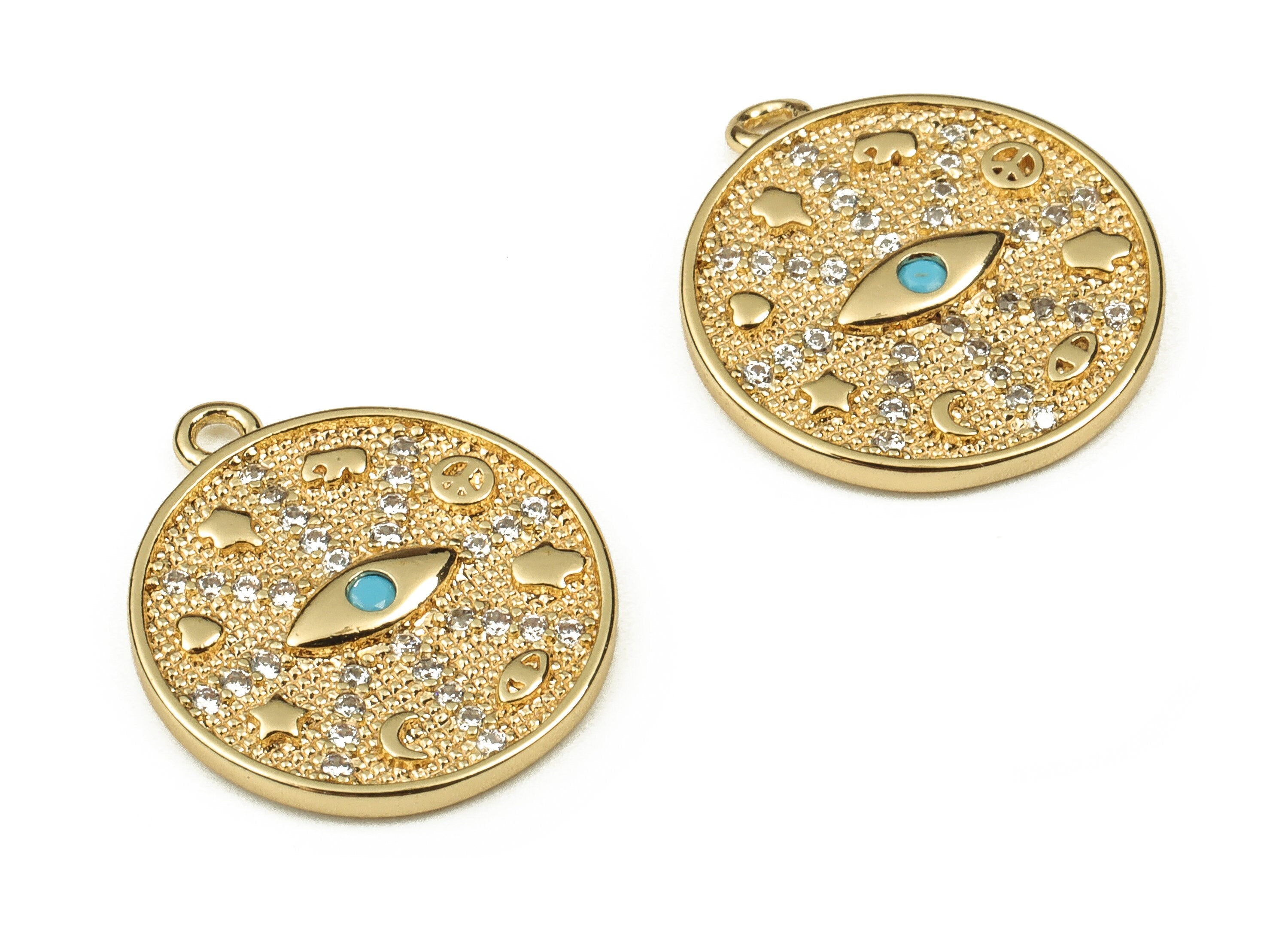 Brass Round Earring Charms With Zircons - Gold Eye Pendant - 18K Real Gold Plated Brass - Jewelry Supplies - 17.02x14.83x1.75mm - RGP3828 - DOMEDBAZAAR