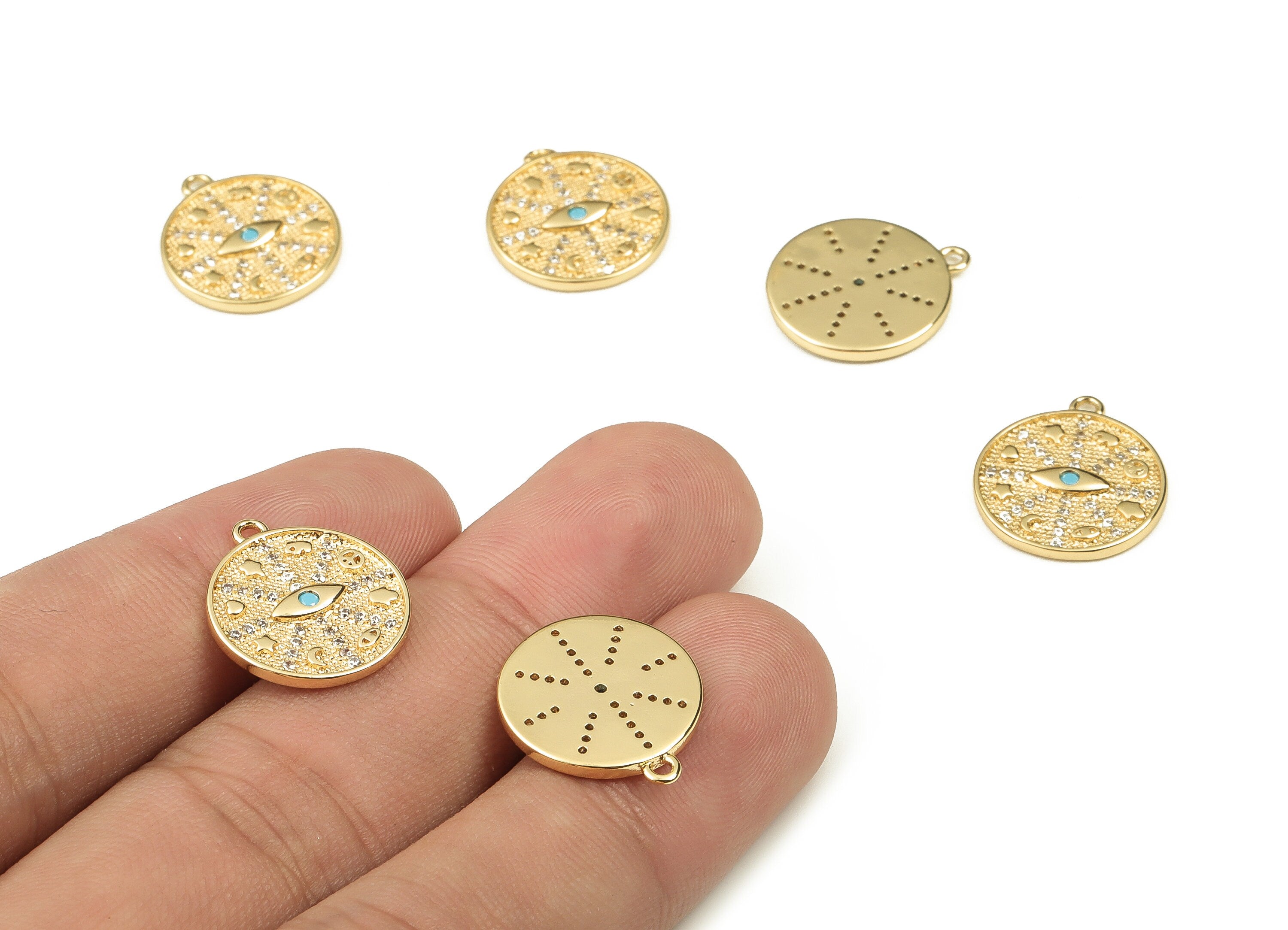 Brass Round Earring Charms With Zircons - Gold Eye Pendant - 18K Real Gold Plated Brass - Jewelry Supplies - 17.02x14.83x1.75mm - RGP3828 - DOMEDBAZAAR