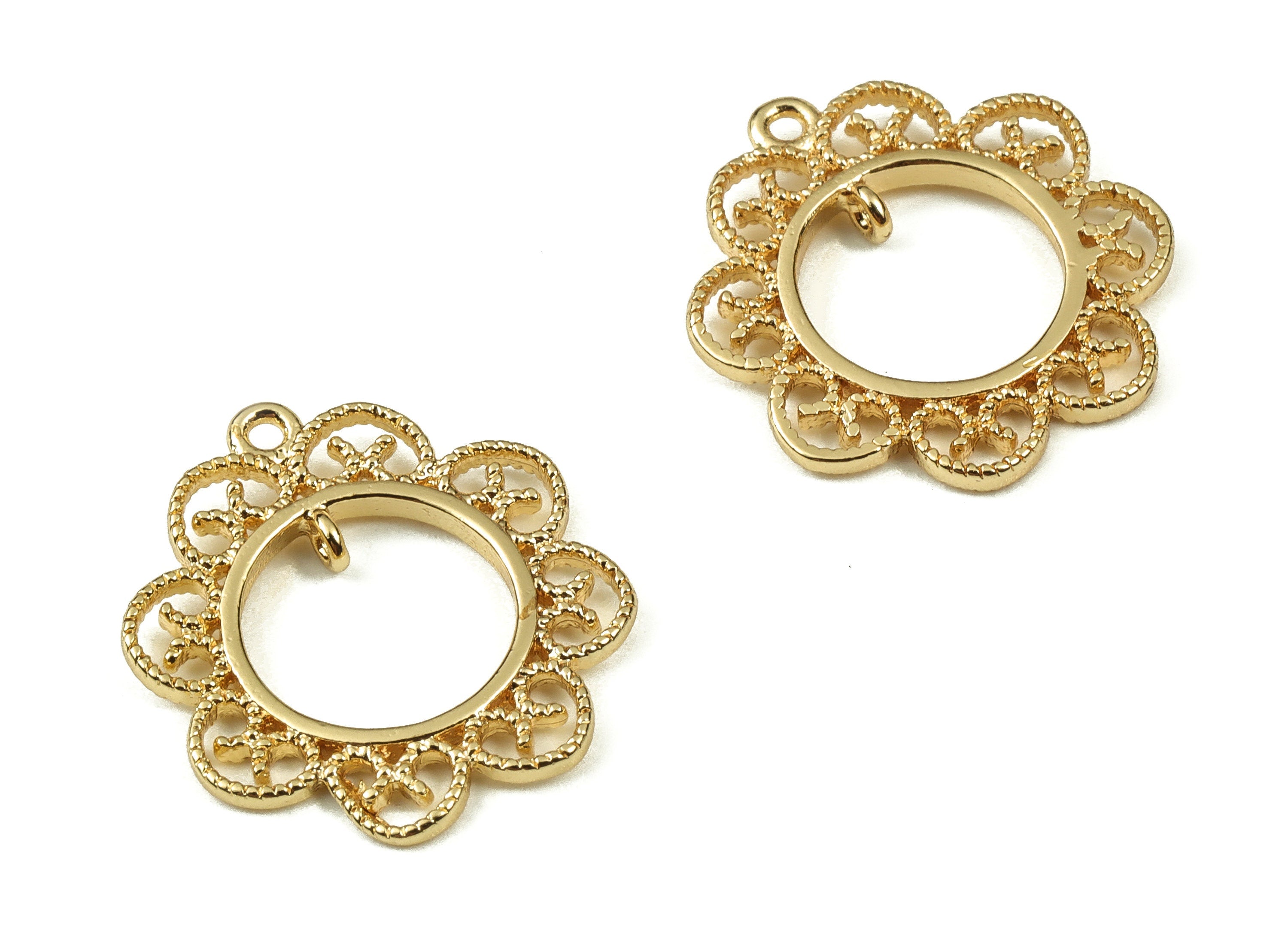 Brass Round Earring Charms - Gold Flower Pendant - 18K Real Gold Plated Brass - Jewelry Making Supplies - 17.63x16.16x1.46mm - RGP3414 - DOMEDBAZAAR