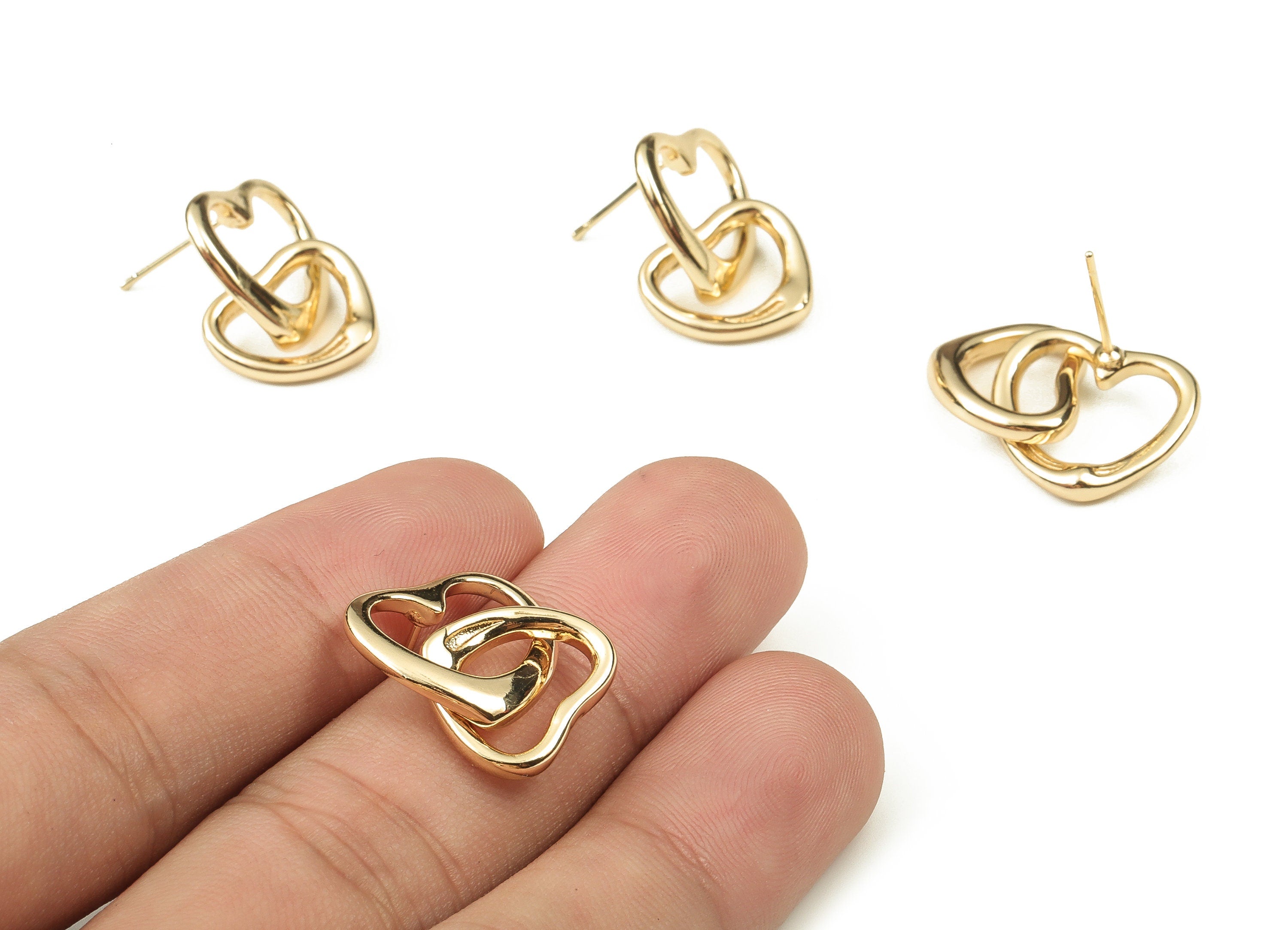Brass Heart Earring Post - Gold Heart Earring Stud - 18K Real Gold Plated Brass - Stainless Steel Stud - 23.45x17.18x1.75mm - RGP3836 - DOMEDBAZAAR