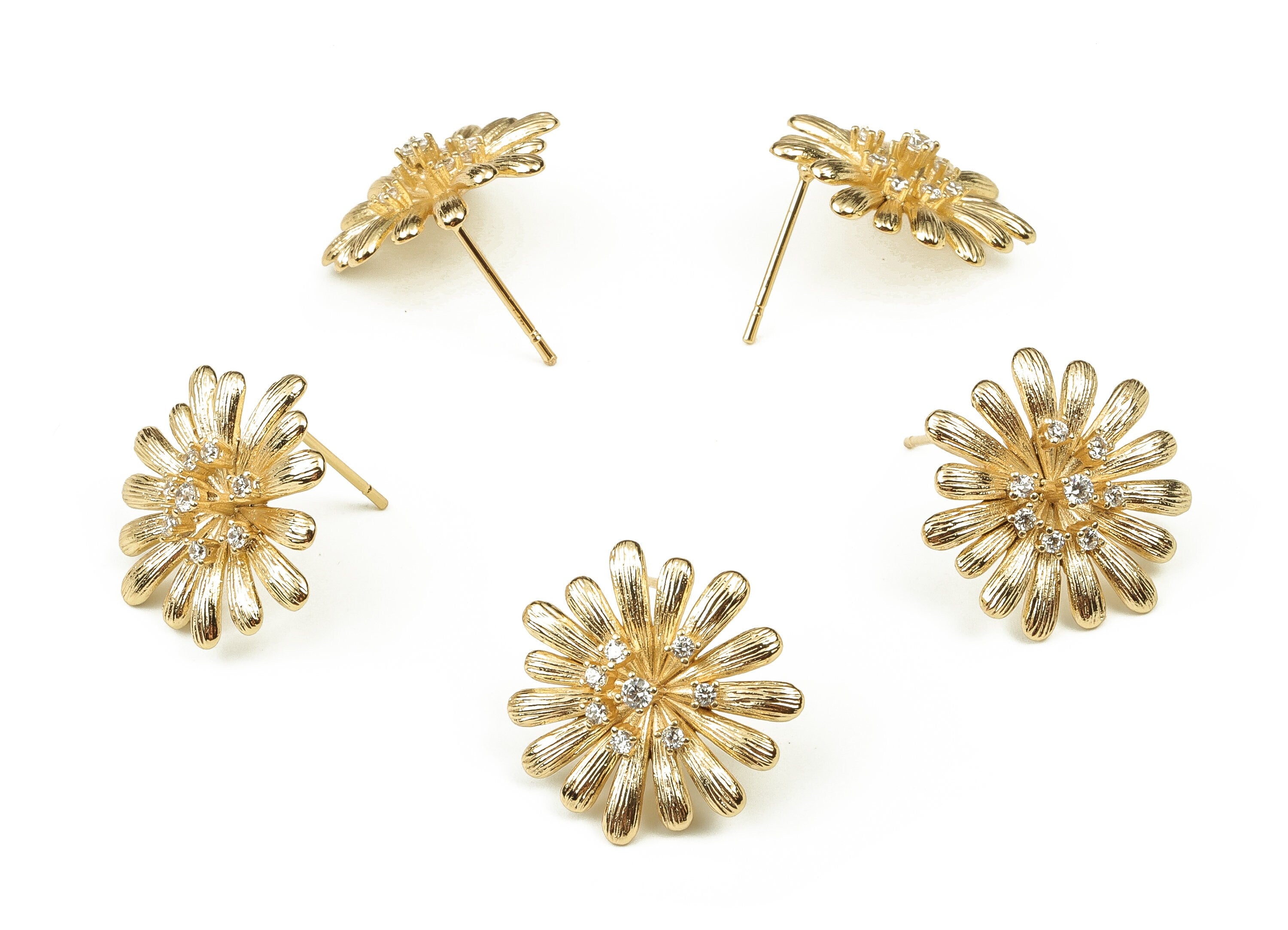 Brass Flower Earring Stud With Zircons - Gold Flower Post - Stainless Steel Stud - 18K Real Gold Plated Brass – 19.03x17.92x4.83mm - RGP3741 - DOMEDBAZAAR