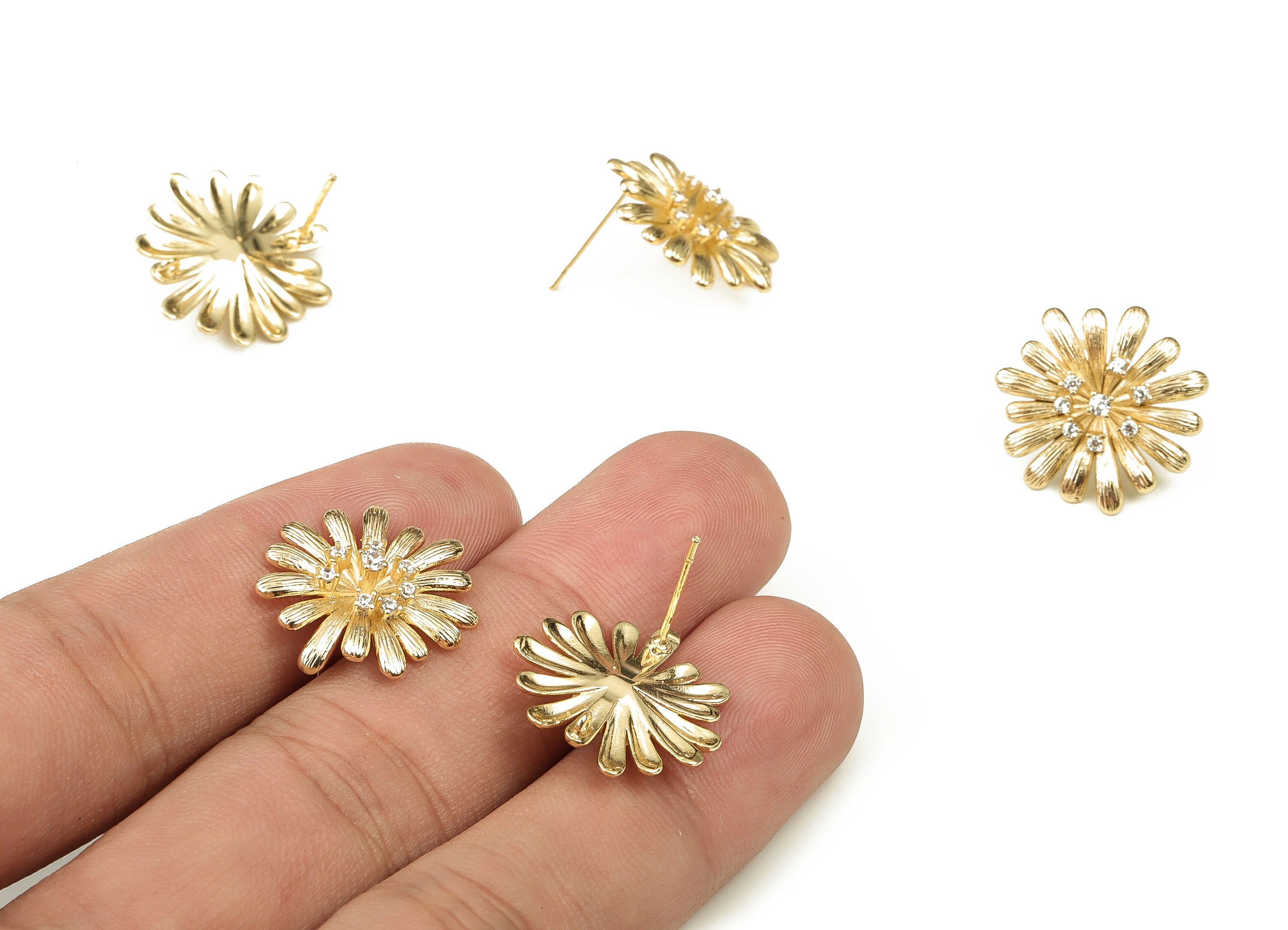Brass Flower Earring Stud With Zircons - Gold Flower Post - Stainless Steel Stud - 18K Real Gold Plated Brass – 19.03x17.92x4.83mm - RGP3741 - DOMEDBAZAAR