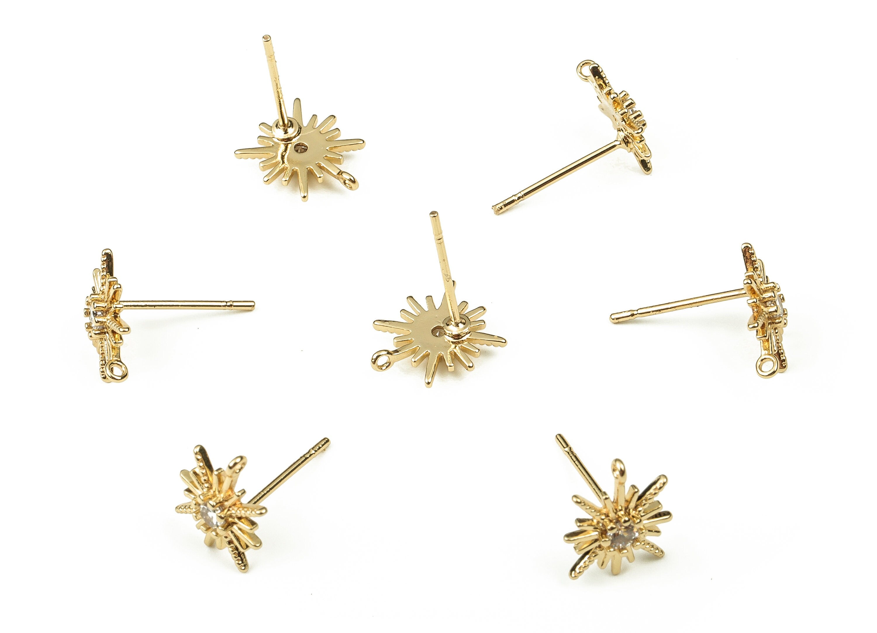 Brass Flower Earring Stud With Zircons - Gold Flower Post - Stainless Steel Stud - 18K Real Gold Plated Brass – 10.64x10.48x2.02mm - RGP3846 - DOMEDBAZAAR