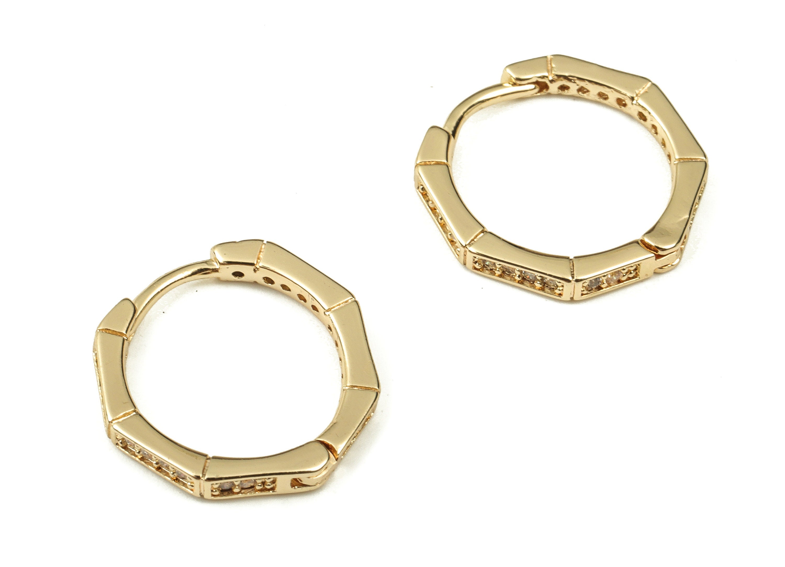 Octagon Hoop Earrings - Brass Zircon Huggie Hoop Earrings – Dainty Octagon Earrings - Jewelry Making Supplies - 15.24x14.43x1.65mm - RGP3762 - DOMEDBAZAAR