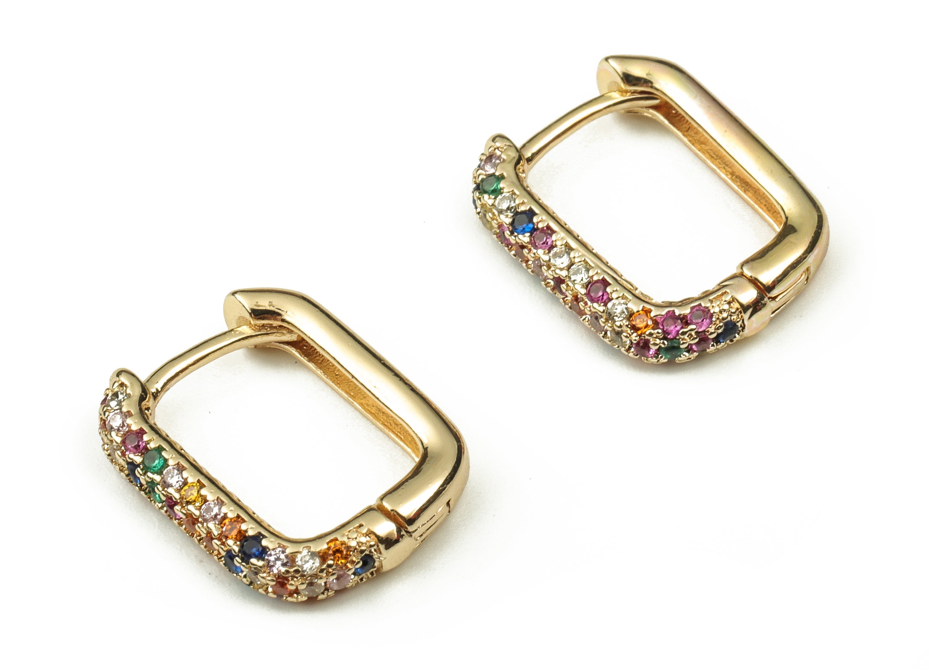 Brass Square Hoop Earrings - Huggie Hoop Earrings with Multicolored Zircons - Dainty Hoop Earring - Gold Plated -14.07x11.06x2.68mm- RGP3751 - DOMEDBAZAAR