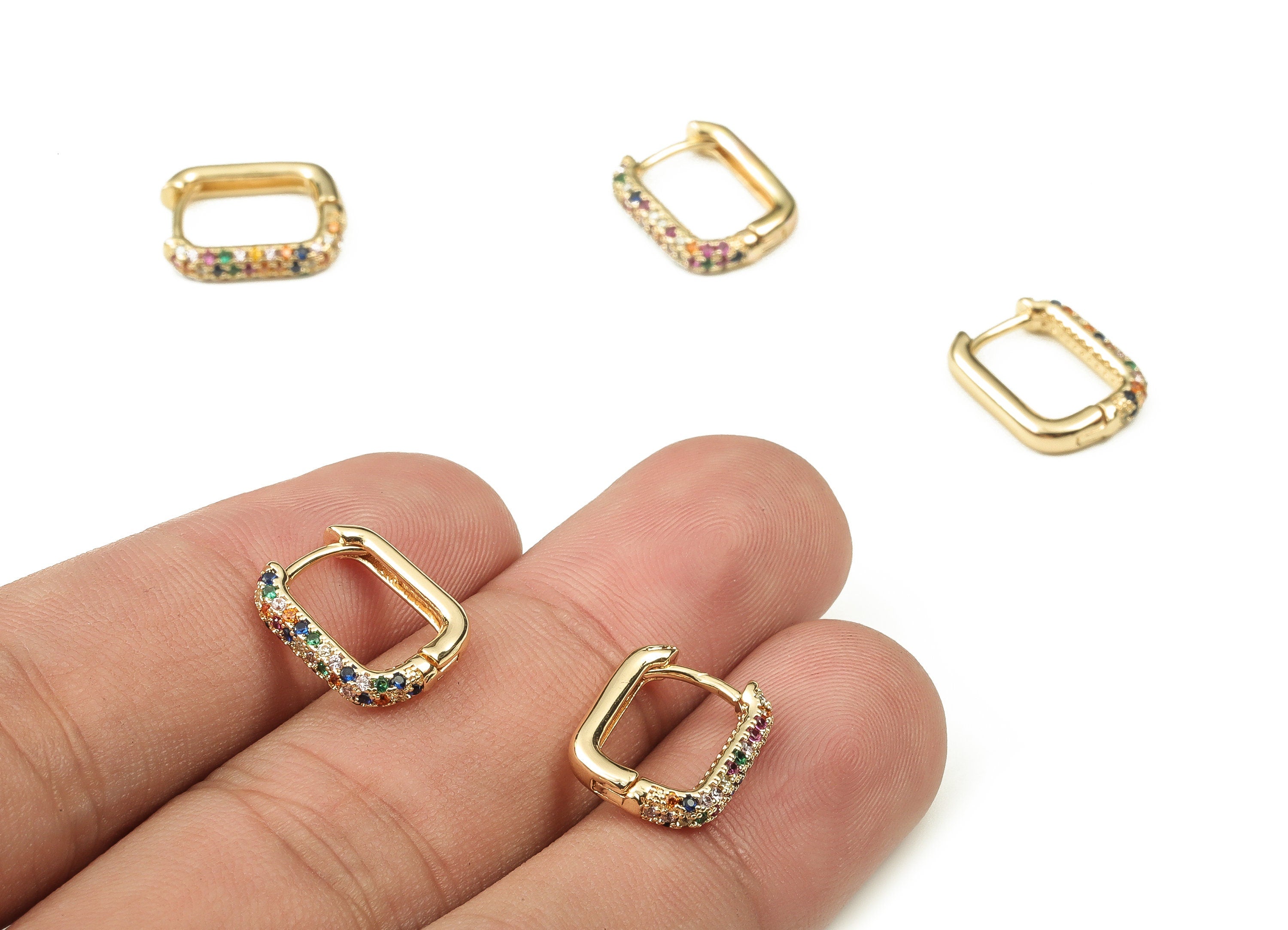 Brass Square Hoop Earrings - Huggie Hoop Earrings with Multicolored Zircons - Dainty Hoop Earring - Gold Plated -14.07x11.06x2.68mm- RGP3751 - DOMEDBAZAAR