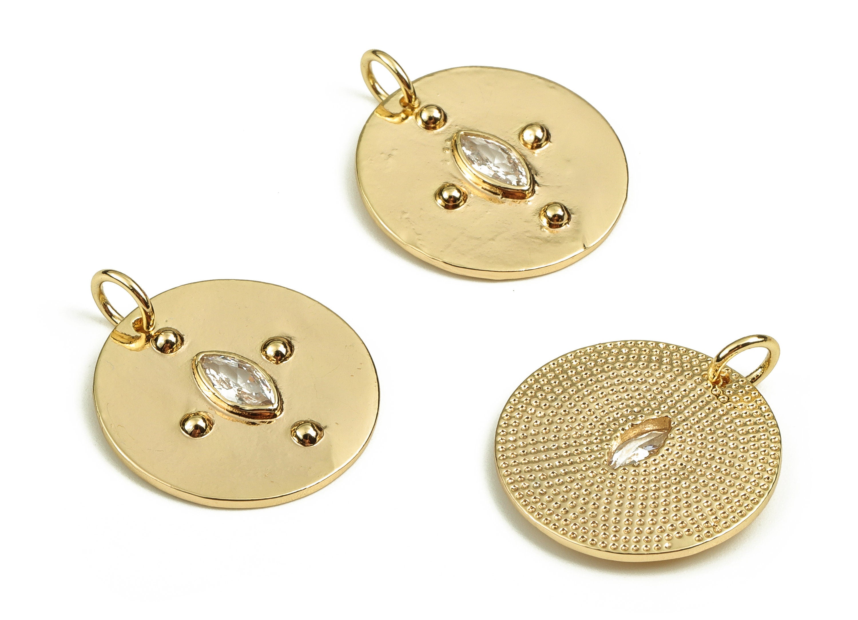 Brass Circle Earring Charms With Zircons - Gold Eye Pendant - 18K Real Gold Plated Brass - Jewelry Supplies - 15.4x13.31x1.82mm - RGP3679 - DOMEDBAZAAR