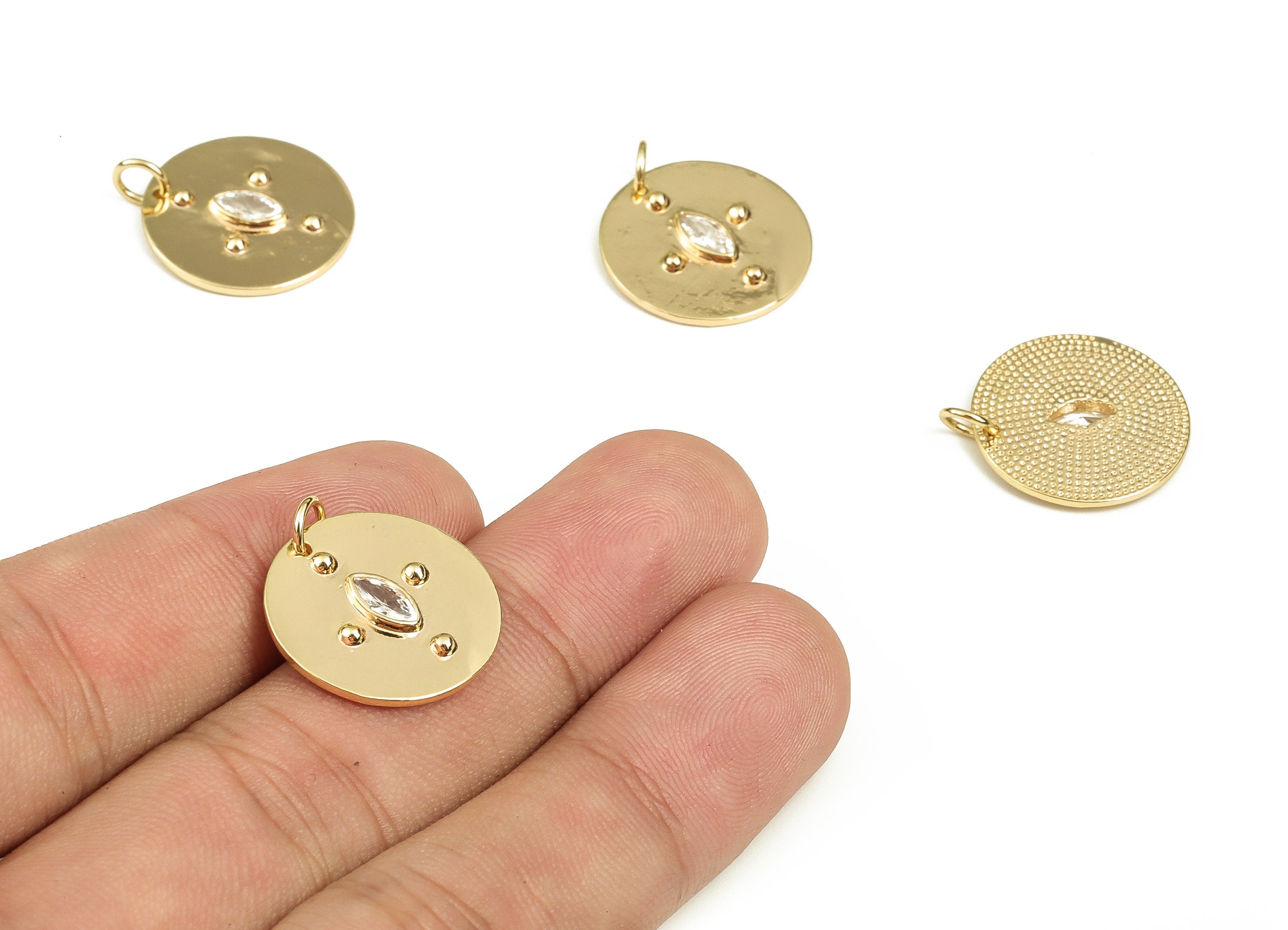 Brass Circle Earring Charms With Zircons - Gold Eye Pendant - 18K Real Gold Plated Brass - Jewelry Supplies - 15.4x13.31x1.82mm - RGP3679 - DOMEDBAZAAR