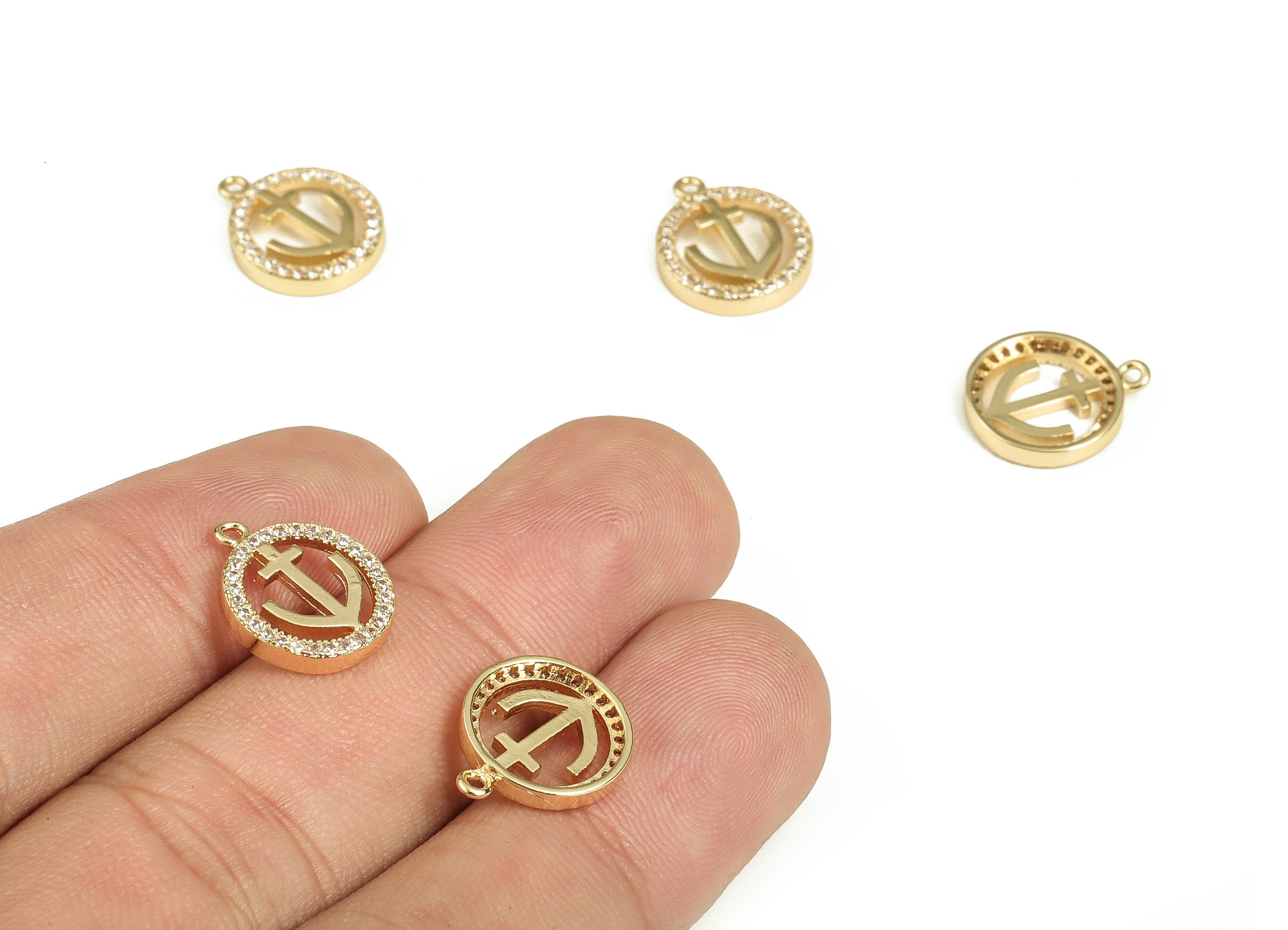Brass Round Earring Charms With Zircons - Gold Symbol Pendant - 18K Real Gold Plated Brass - Jewelry Supplies - 13.83x11.65x2.18mm - RGP3684 - DOMEDBAZAAR