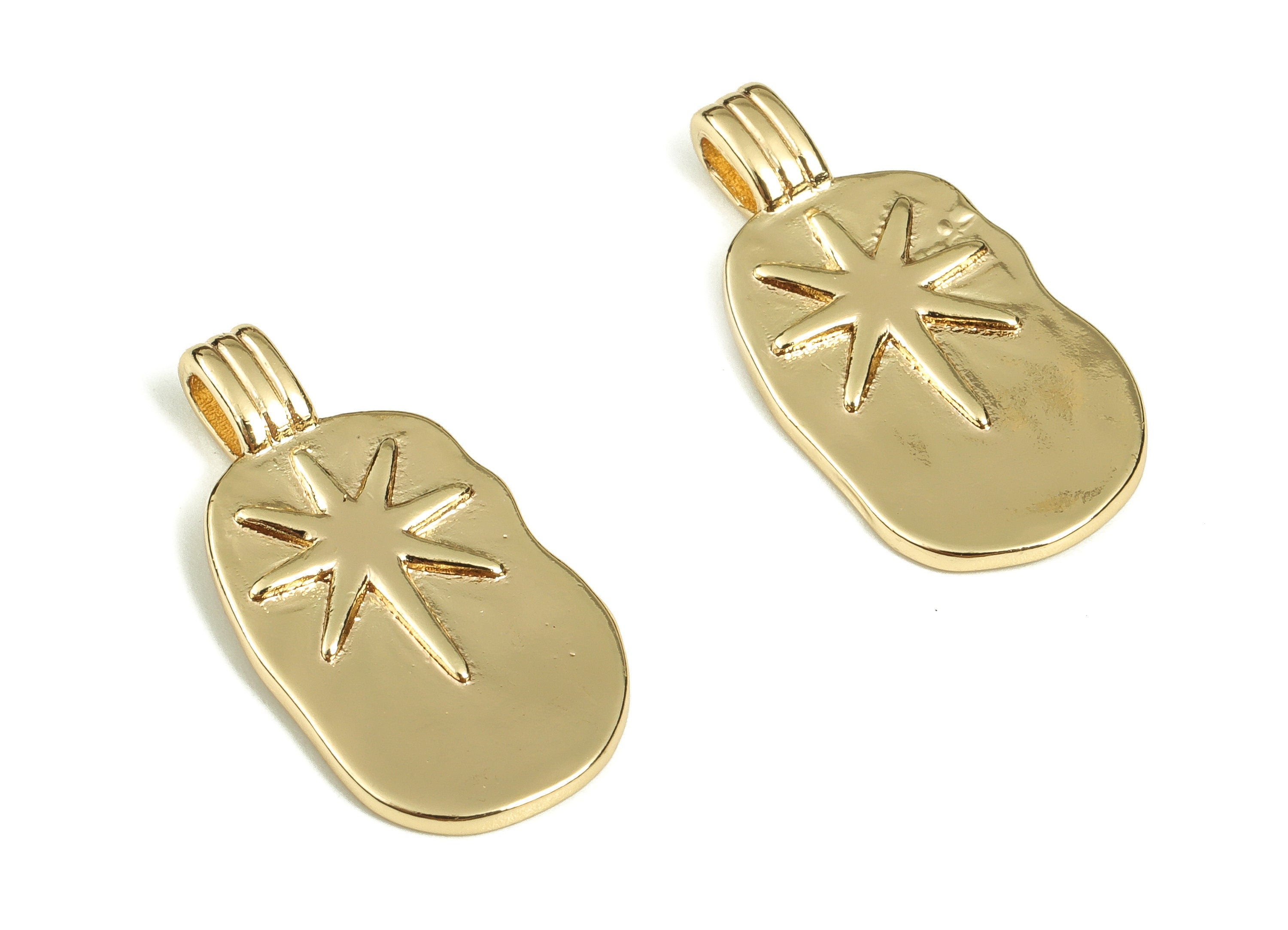 Brass Oval Earring Charms - Gold Star Pendant - 18K Real Gold Plated Brass - Jewelry Making Supplies - 23.47x11.88x1.73mm - RGP3688 - DOMEDBAZAAR