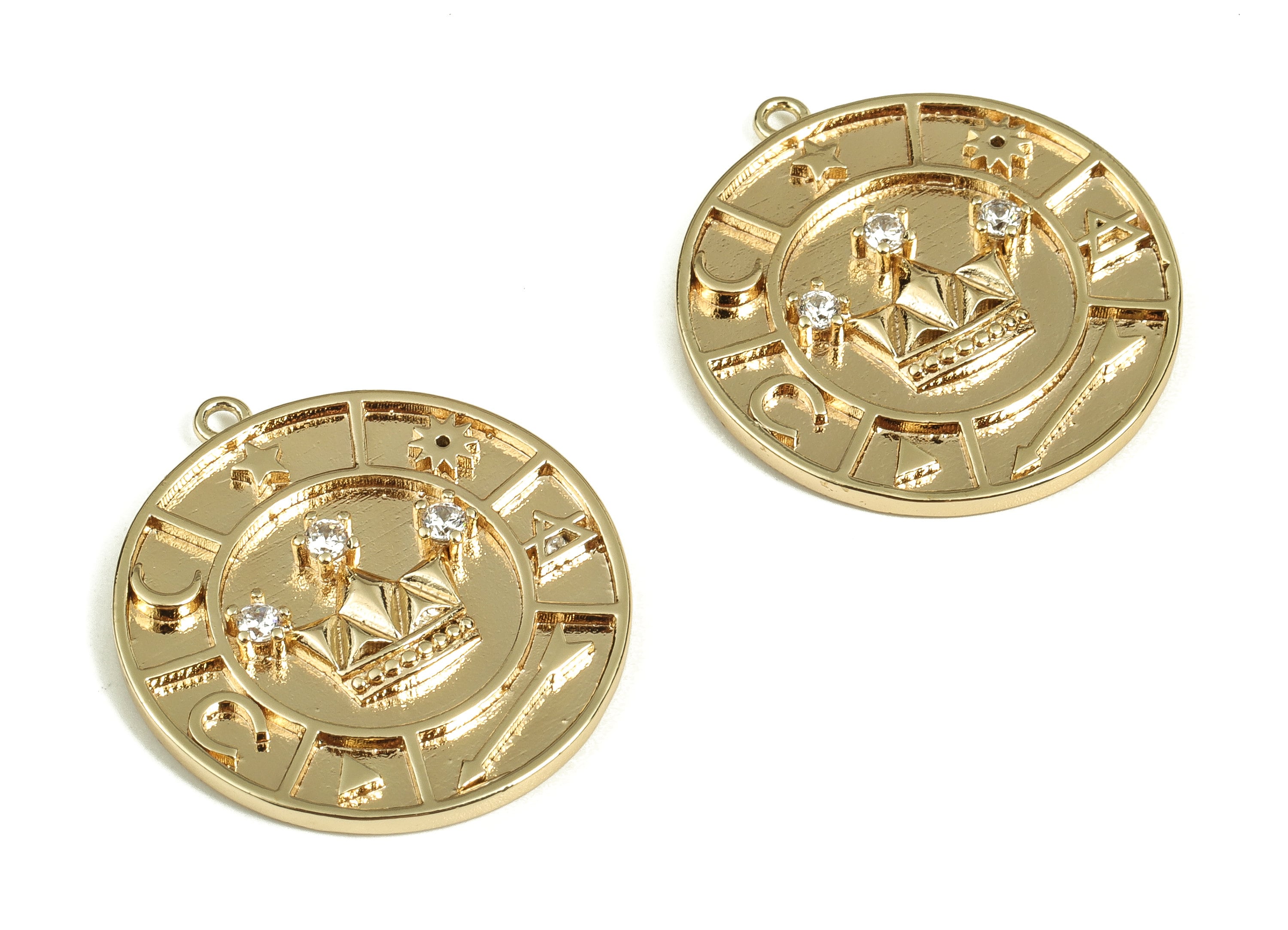 Brass Circle Crown Earring  - Gold With Zircon Crown Pendant - 18K Real Gold Plated Brass - Jewelry Supplies - 25.32x23.16x2.66mm - RGP3535 - DOMEDBAZAAR