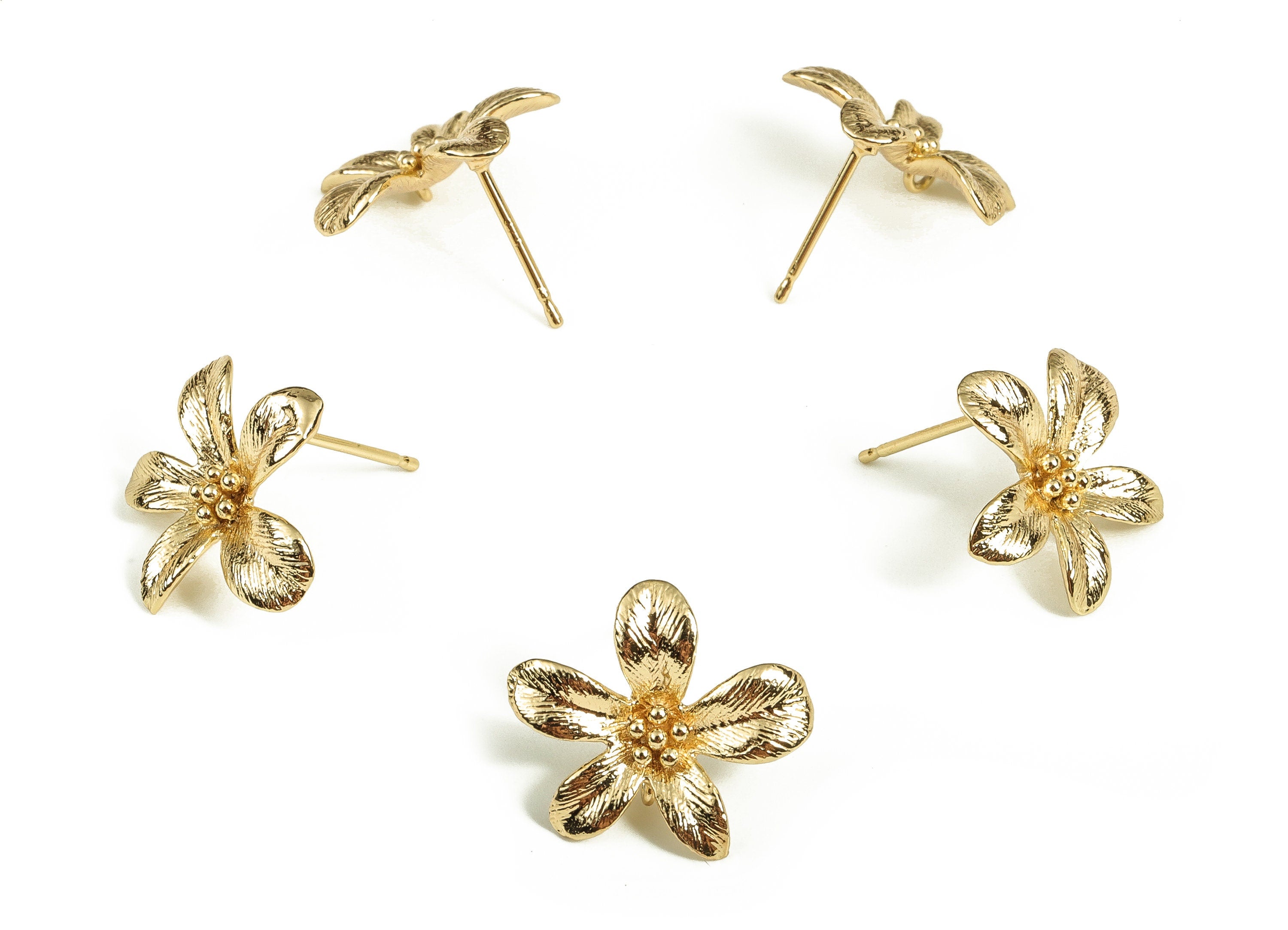 Brass Flowers Earring Post - Gold Flower Stud - 18K Real Gold Plated Brass - Silver Stud - Jewelry Supplies  - 16.23x15.42x2.82mm - RGP3670 - DOMEDBAZAAR