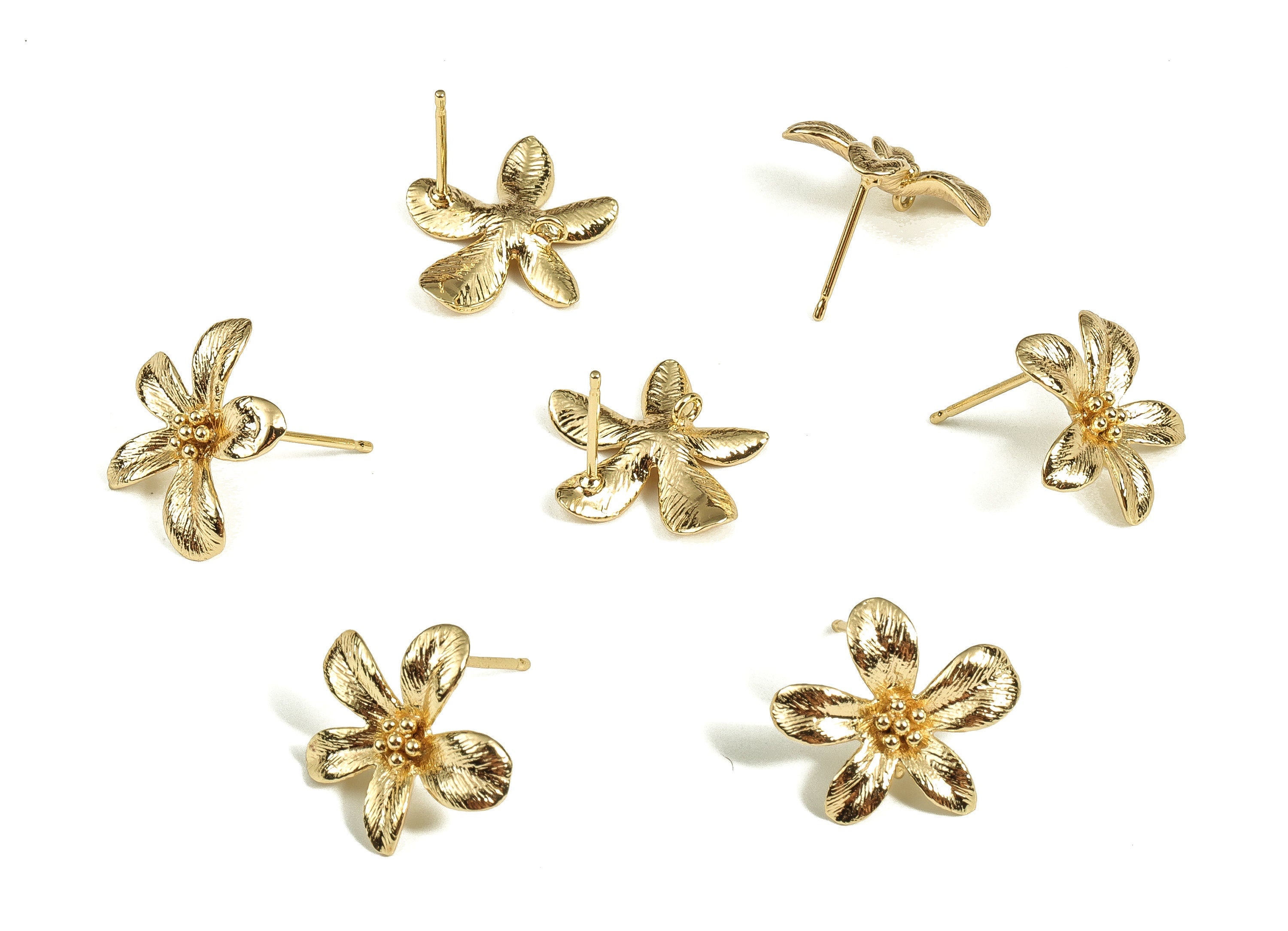 Brass Flowers Earring Post - Gold Flower Stud - 18K Real Gold Plated Brass - Silver Stud - Jewelry Supplies  - 16.23x15.42x2.82mm - RGP3670 - DOMEDBAZAAR