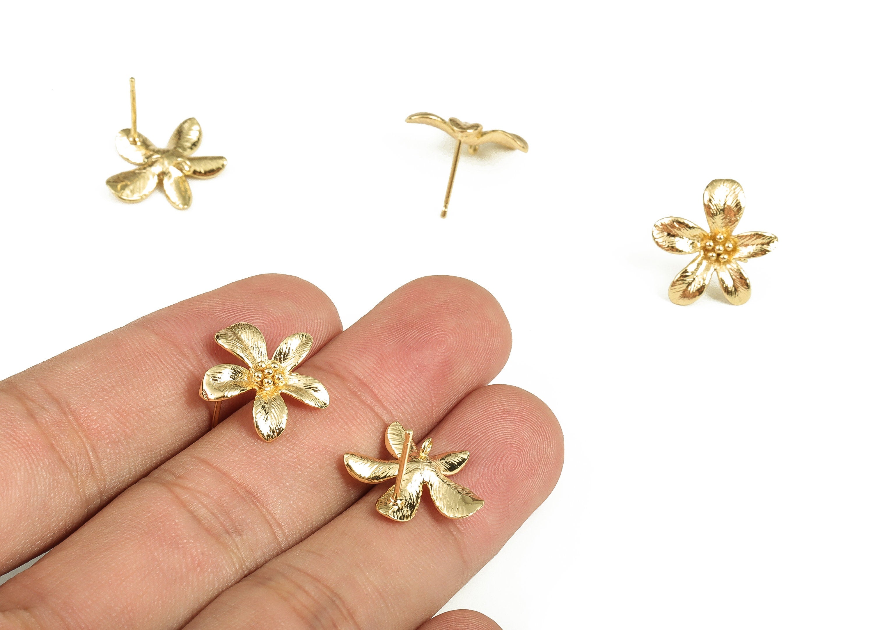 Brass Flowers Earring Post - Gold Flower Stud - 18K Real Gold Plated Brass - Silver Stud - Jewelry Supplies  - 16.23x15.42x2.82mm - RGP3670 - DOMEDBAZAAR