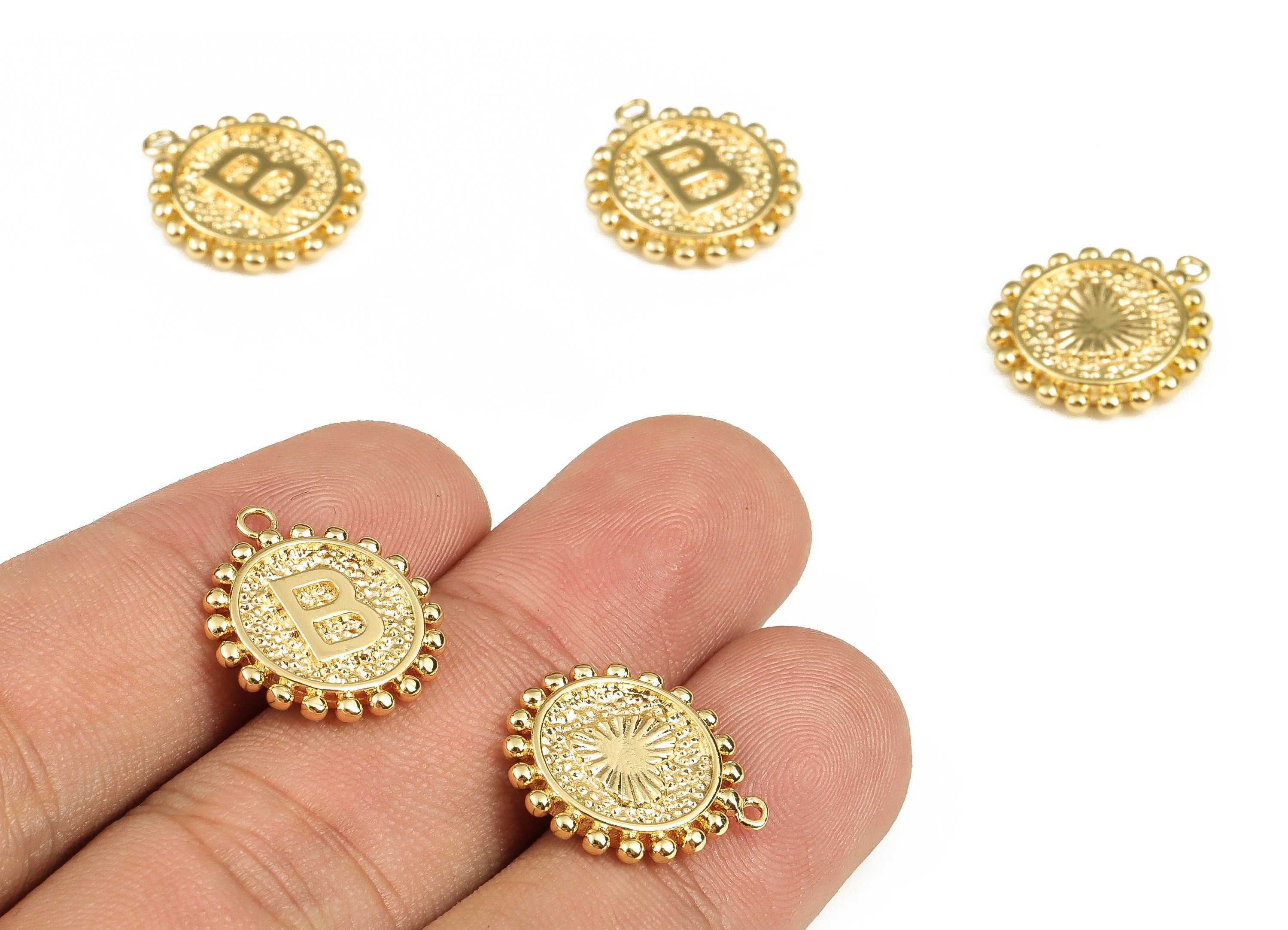 Brass Round Letter B Charms – Initial B Gold Round Pendant – 18K Real Gold Plated Brass – Jewelry Supplies - 17.66x15.56x2.41mm - RGP3774B - DOMEDBAZAAR