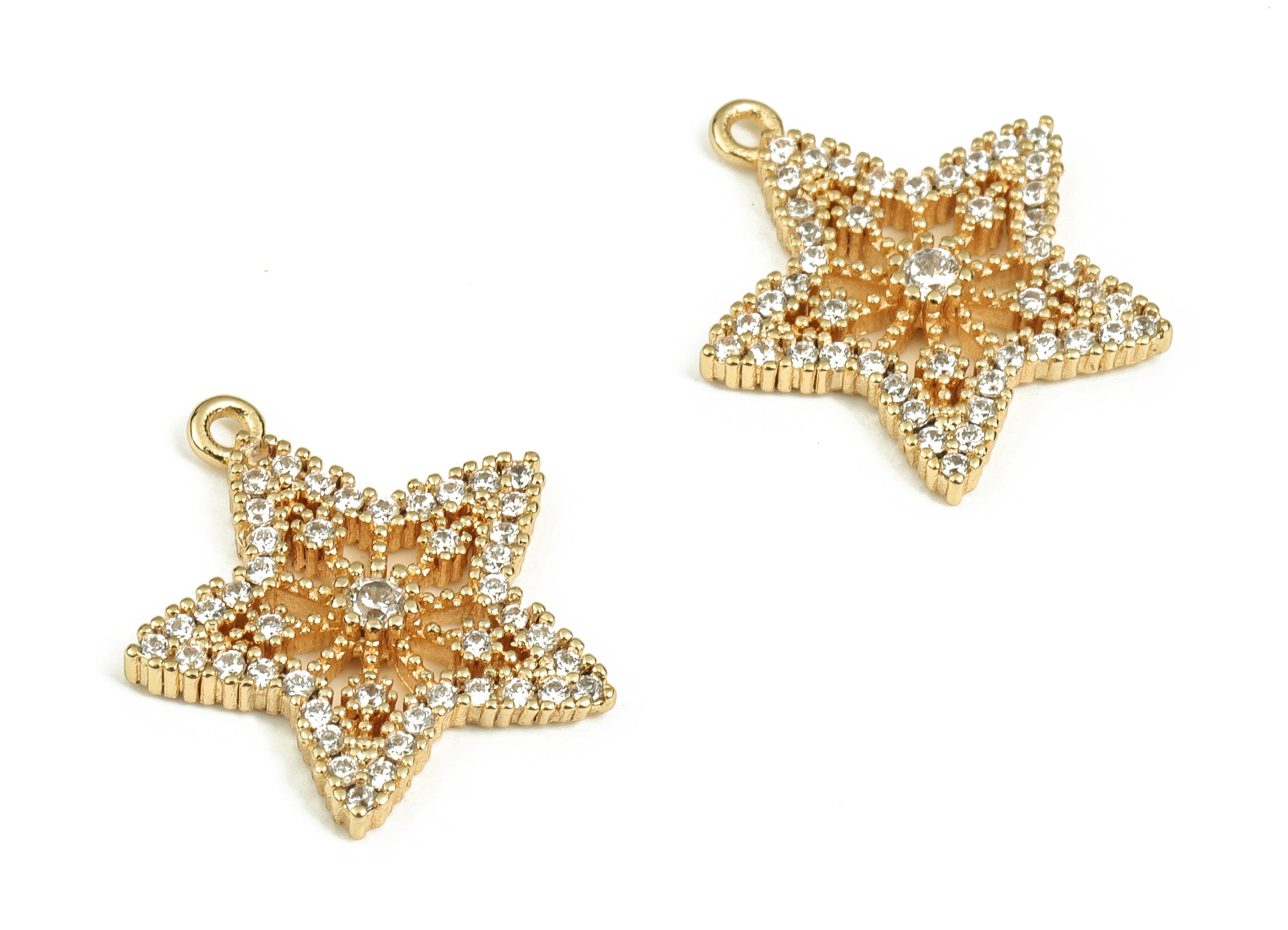 Brass Star Earring Charms With Zircons - Gold Star Pendant  -  18K Real Gold Plated Brass - Jewelry Supplies  -  16.72x15.65x2.38mm- RGP3682 - DOMEDBAZAAR