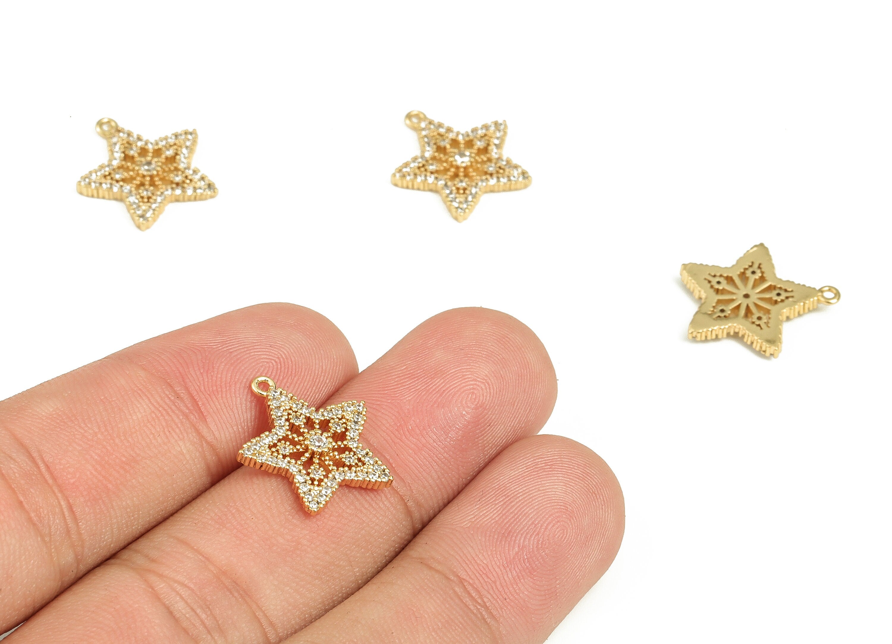 Brass Star Earring Charms With Zircons - Gold Star Pendant  -  18K Real Gold Plated Brass - Jewelry Supplies  -  16.72x15.65x2.38mm- RGP3682 - DOMEDBAZAAR