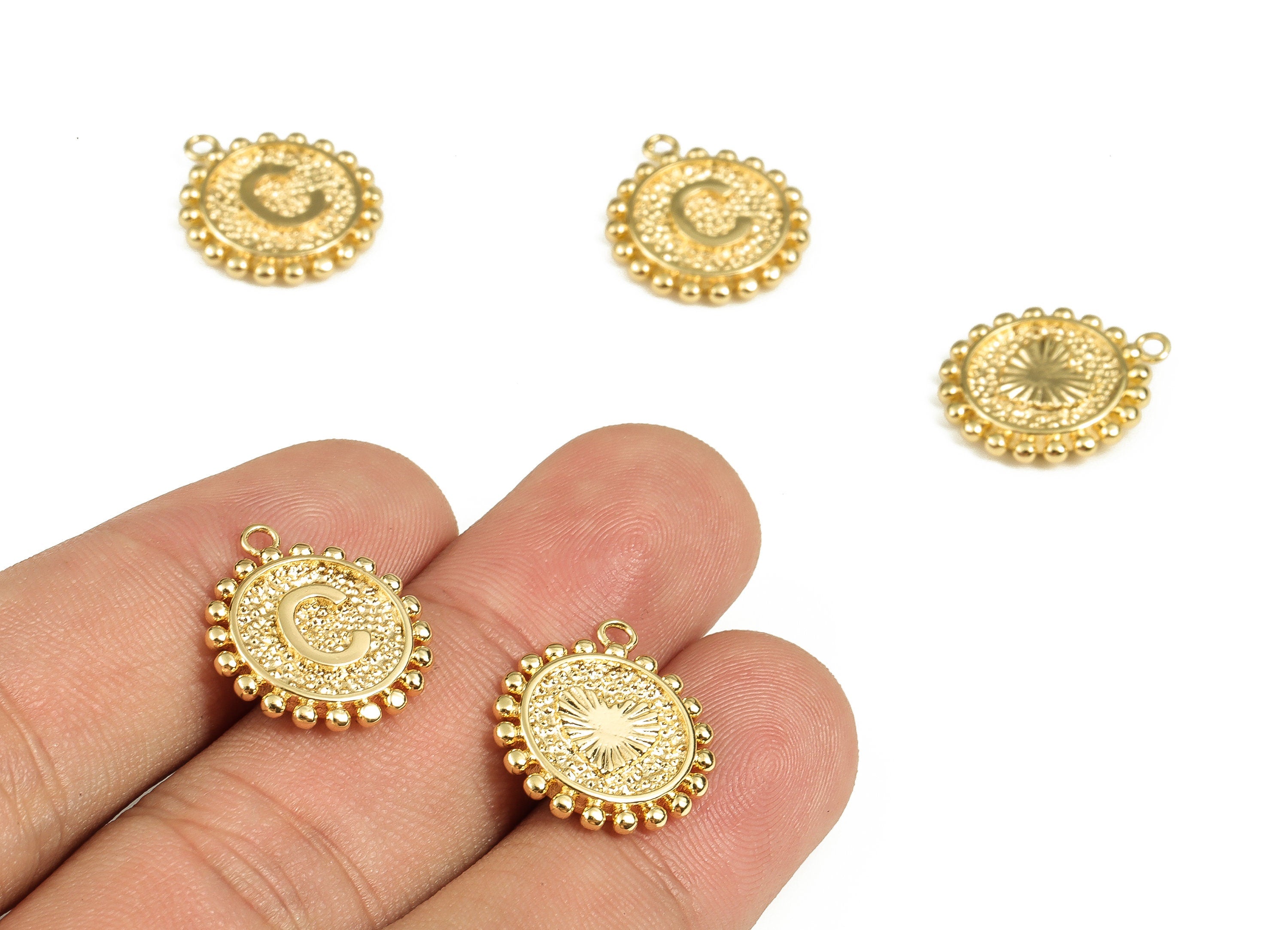 Brass Round Letter C Charms – Initial C Gold Round Pendant – 18K Real Gold Plated Brass – Jewelry Supplies - 18.1x15.78x2.45mm - RGP3774C - DOMEDBAZAAR