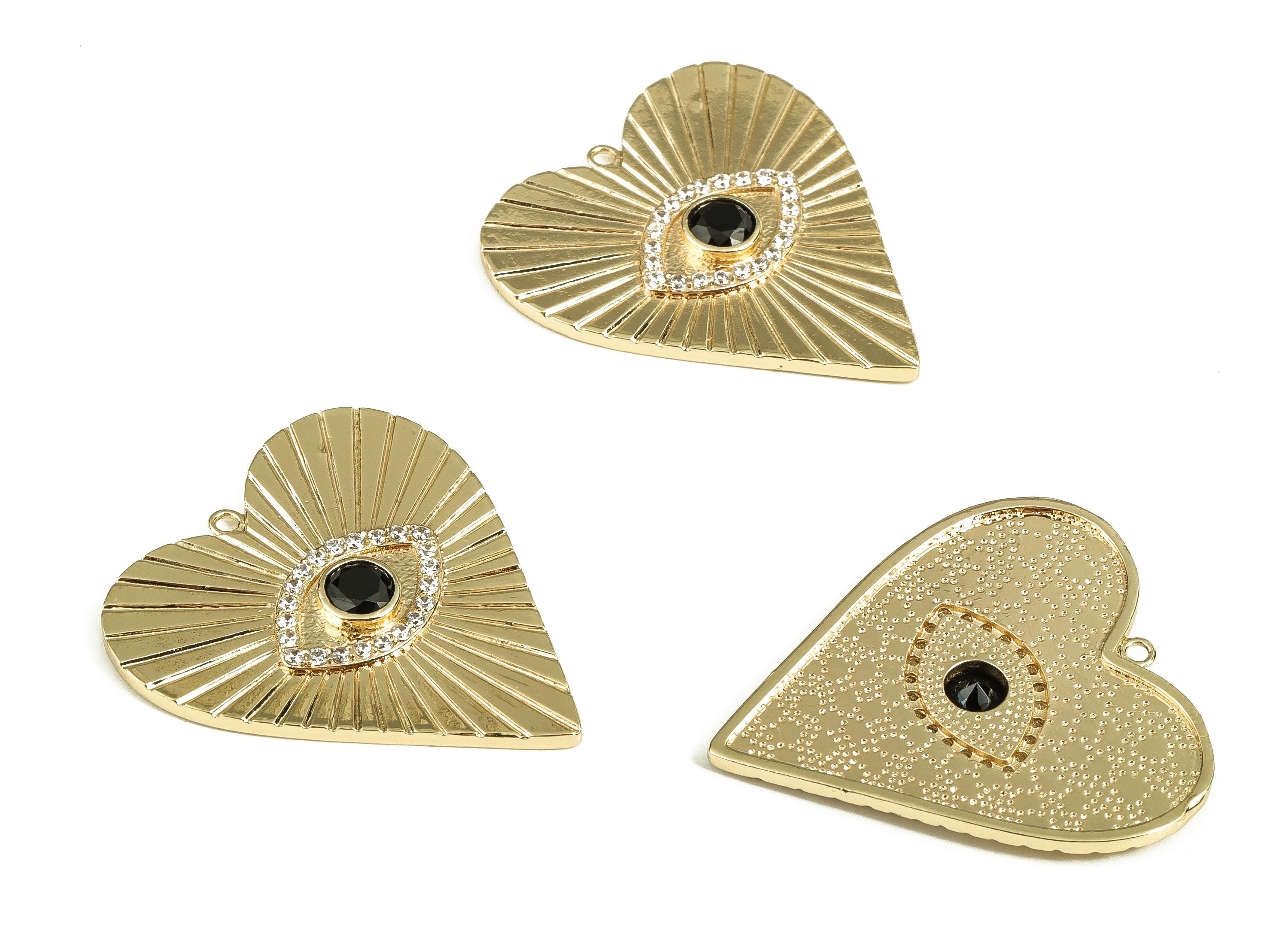 Brass Heart Earring Charms With Zircons - Gold Eye Pendant - 18K Real Gold Plated Brass -  Jewelry Supplies - 35.05x32.24x3.1mm - RGP3541 - DOMEDBAZAAR