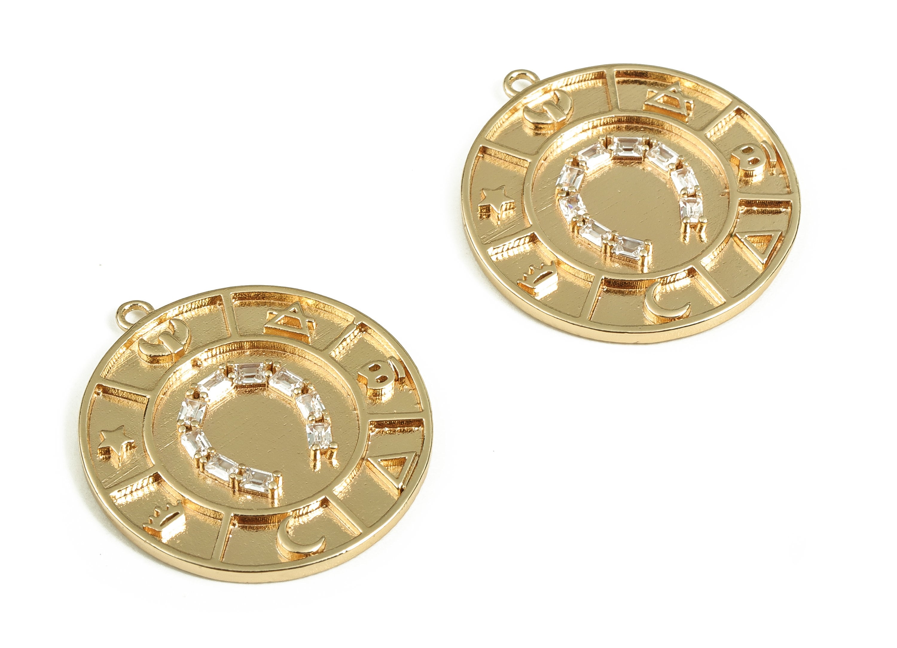 Brass Round Earring Charms With Zircons - Gold C Pendant  - 18K Real Gold Plated Brass - Jewelry Supplies  - 25.04x23.01x2.13mm- RGP3545 - DOMEDBAZAAR