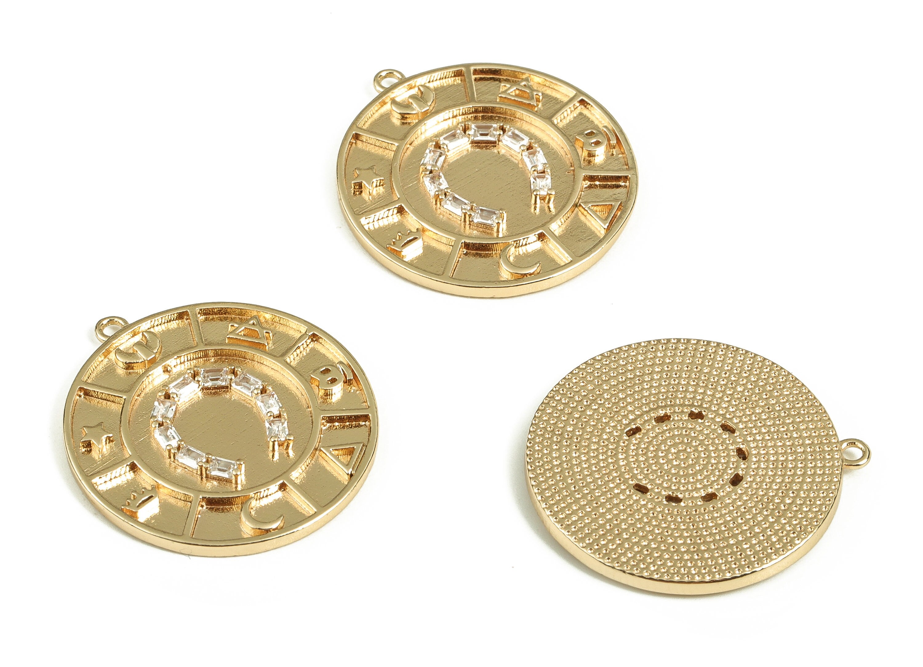 Brass Round Earring Charms With Zircons - Gold C Pendant  - 18K Real Gold Plated Brass - Jewelry Supplies  - 25.04x23.01x2.13mm- RGP3545 - DOMEDBAZAAR