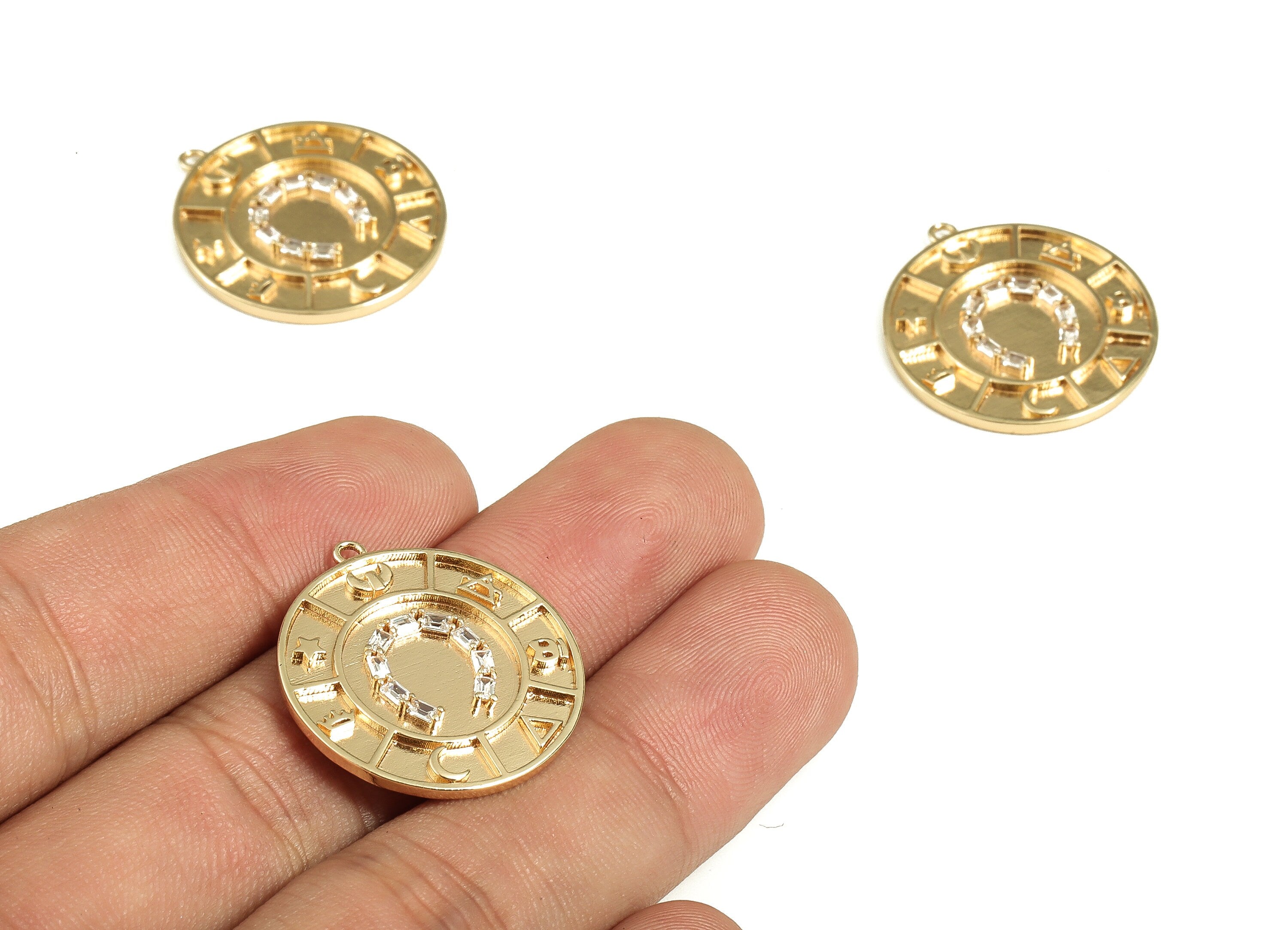 Brass Round Earring Charms With Zircons - Gold C Pendant  - 18K Real Gold Plated Brass - Jewelry Supplies  - 25.04x23.01x2.13mm- RGP3545 - DOMEDBAZAAR