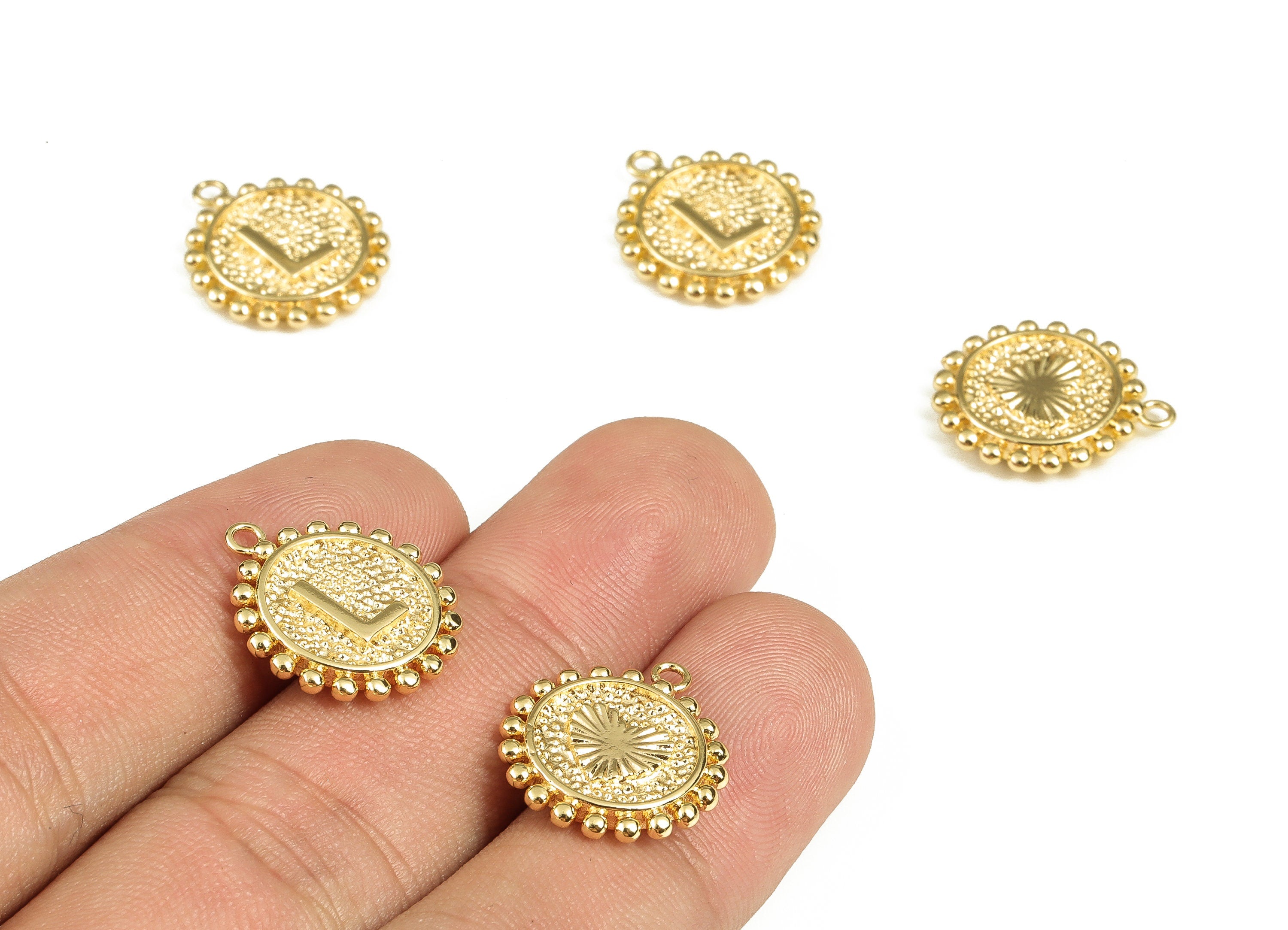 Brass Round Letter L Charms – Initial L Gold Round Pendant – 18K Real Gold Plated Brass – Jewelry Supplies - 17.94x15.67x2.59mm - RGP3774L - DOMEDBAZAAR