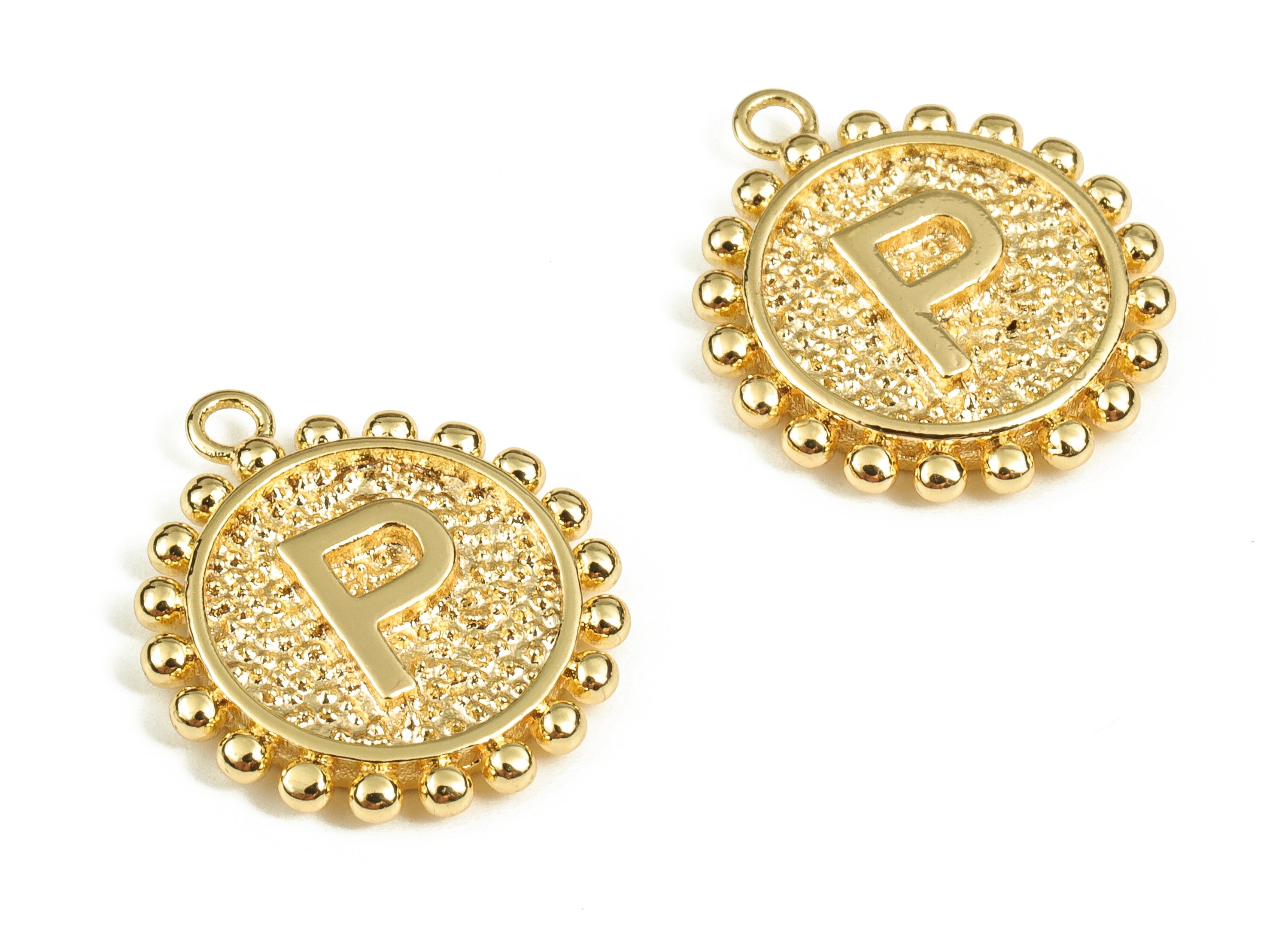Brass Round Letter P Charms – Initial P Gold Round Pendant – 18K Real Gold Plated Brass – Jewelry Supplies - 18.12x15.7x2.38mm - RGP3774P - DOMEDBAZAAR