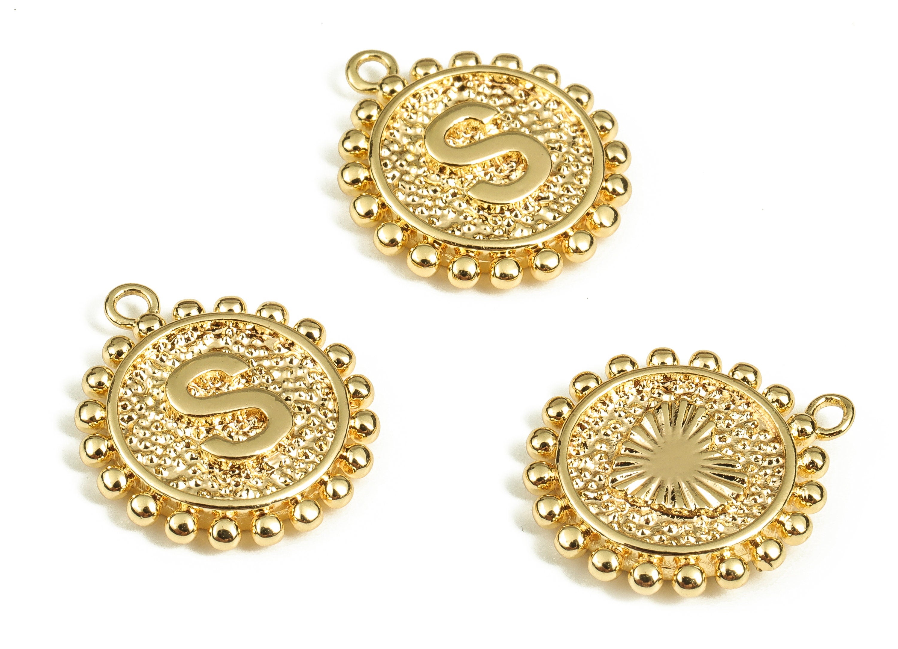 Brass Round Letter S Charms – Initial S Gold Round Pendant – 18K Real Gold Plated Brass – Jewelry Supplies - 18.04x15.74x2.65mm - RGP3774S - DOMEDBAZAAR