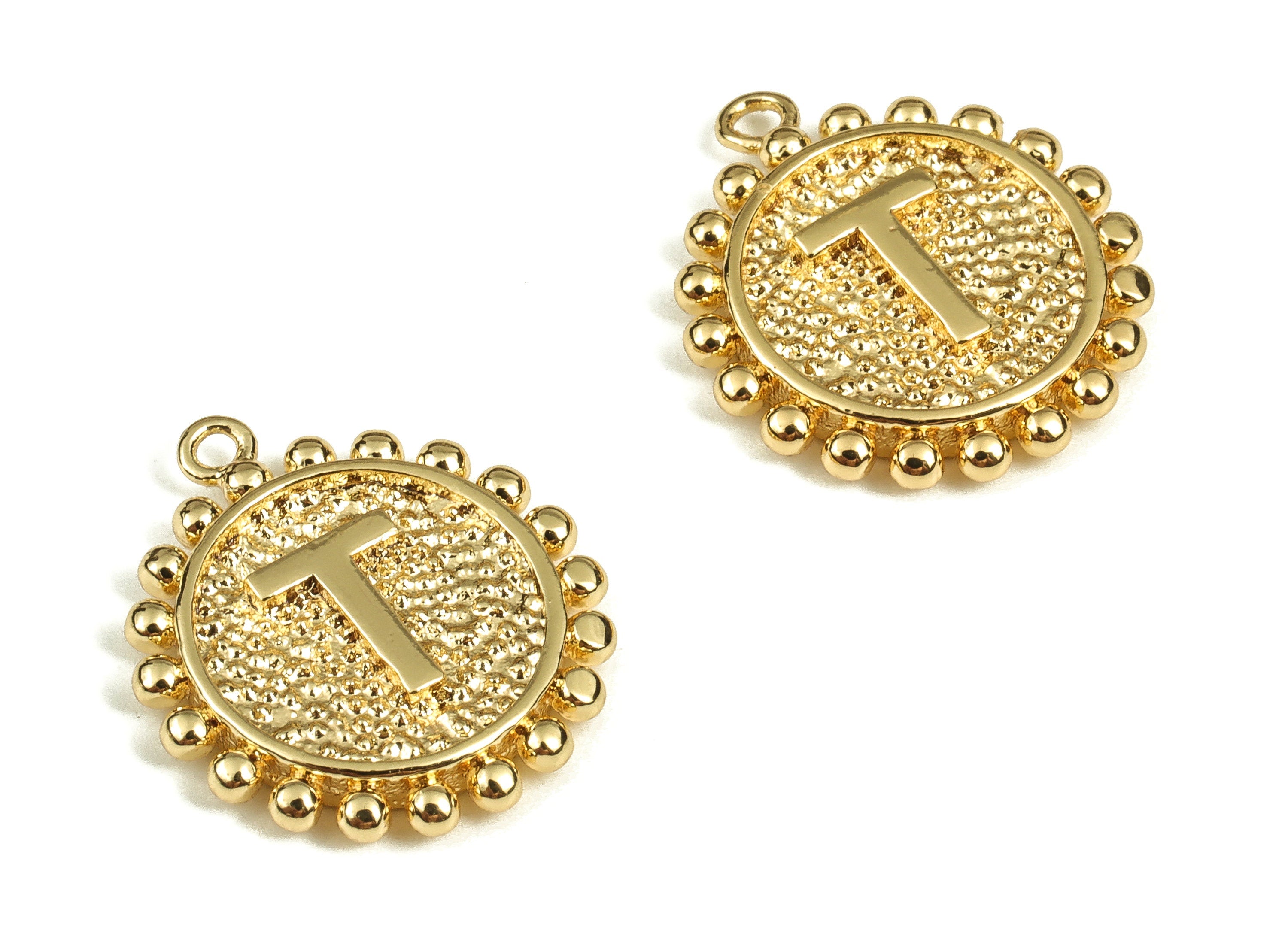 Brass Round Letter T Charms – Initial T Gold Round Pendant – 18K Real Gold Plated Brass – Jewelry Supplies - 18.06x15.61x2.58mm - RGP3774T - DOMEDBAZAAR