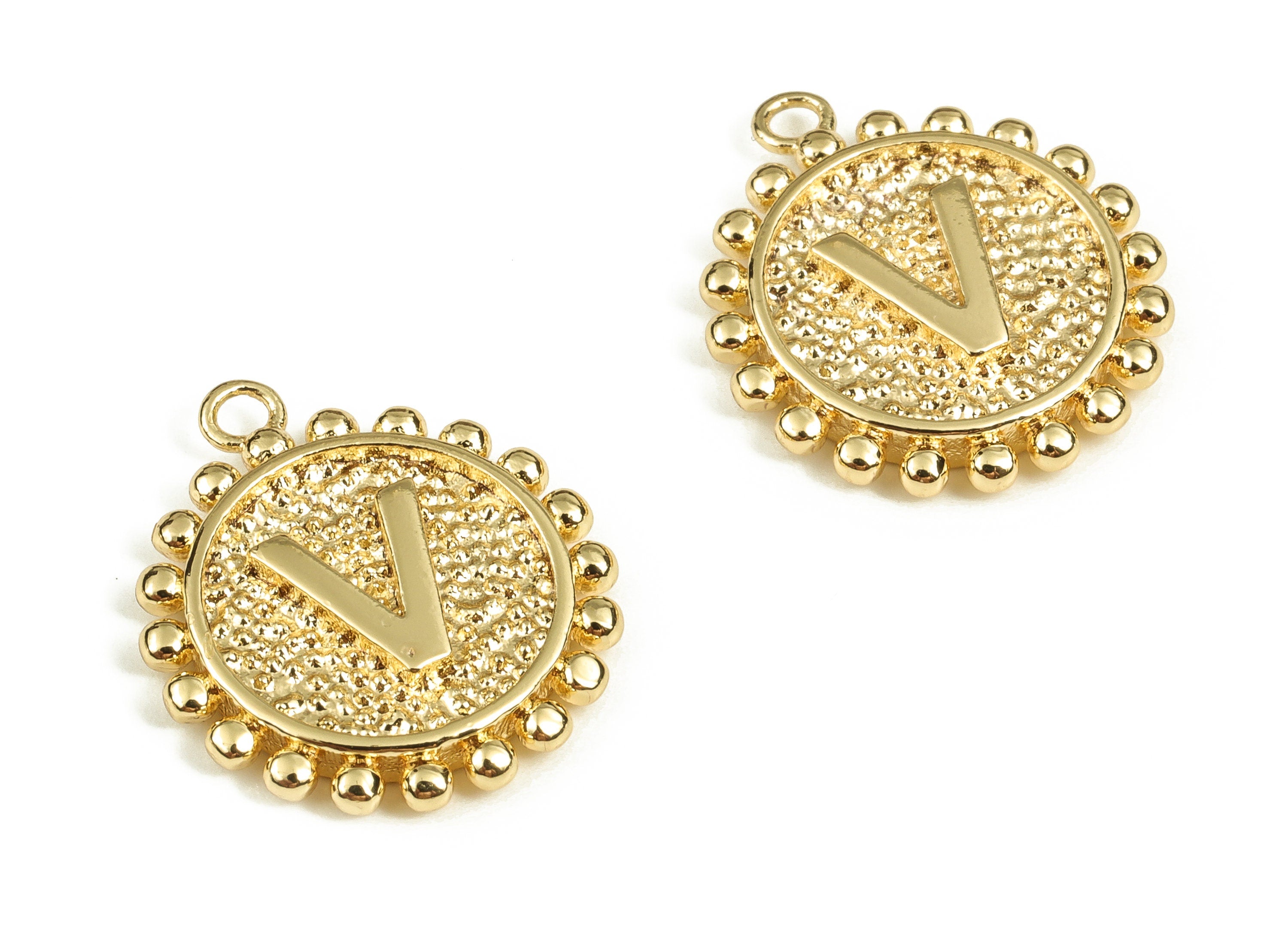 Brass Round Letter V Charms – Initial V Gold Round Pendant – 18K Real Gold Plated Brass – Jewelry Supplies - 17.97x15.53x2.52mm - RGP3774V - DOMEDBAZAAR