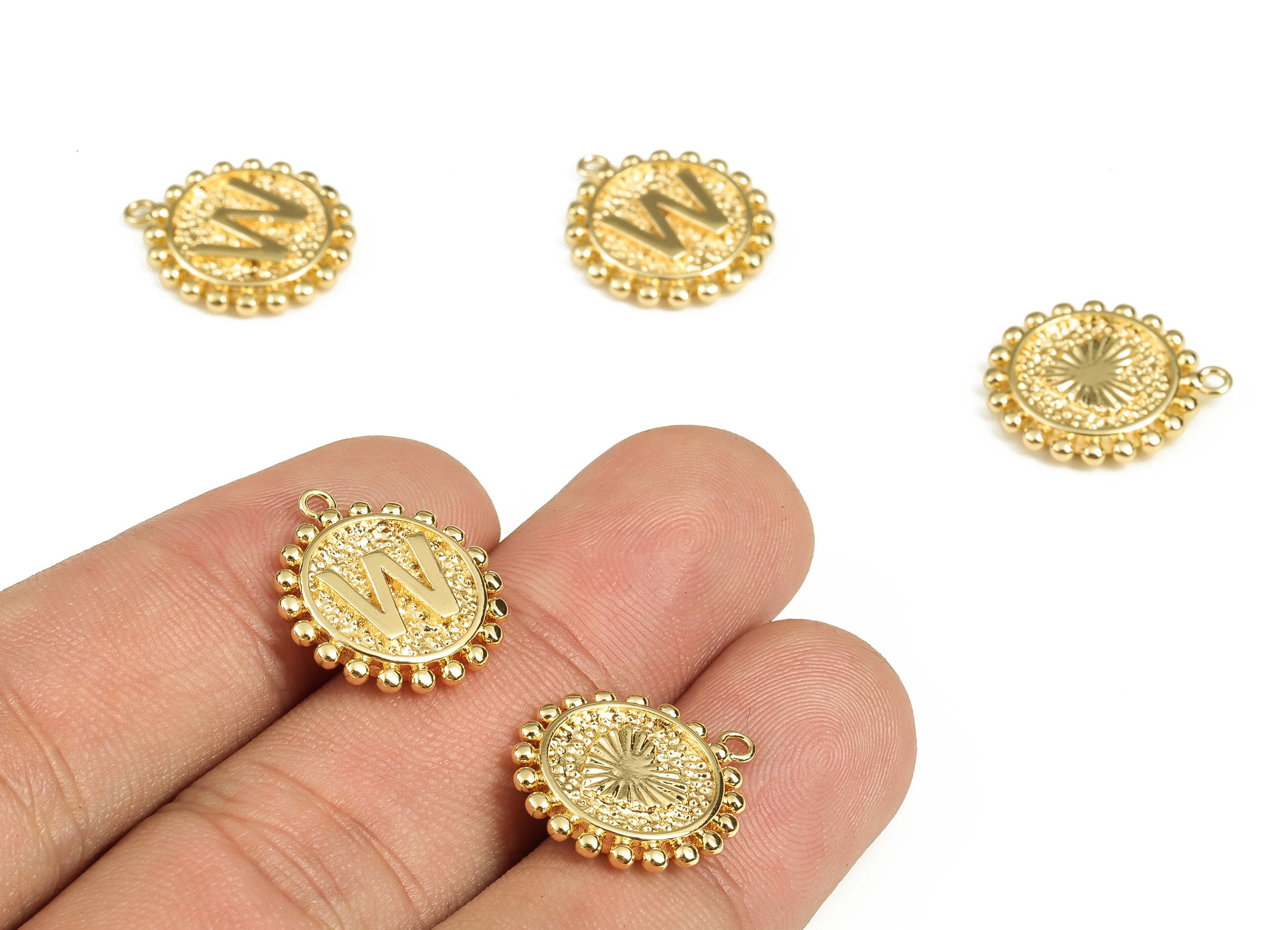Brass Round Letter W Charms – Initial W Gold Round Pendant – 18K Real Gold Plated Brass – Jewelry Supplies - 18.1x15.66x2.69mm - RGP3774W - DOMEDBAZAAR