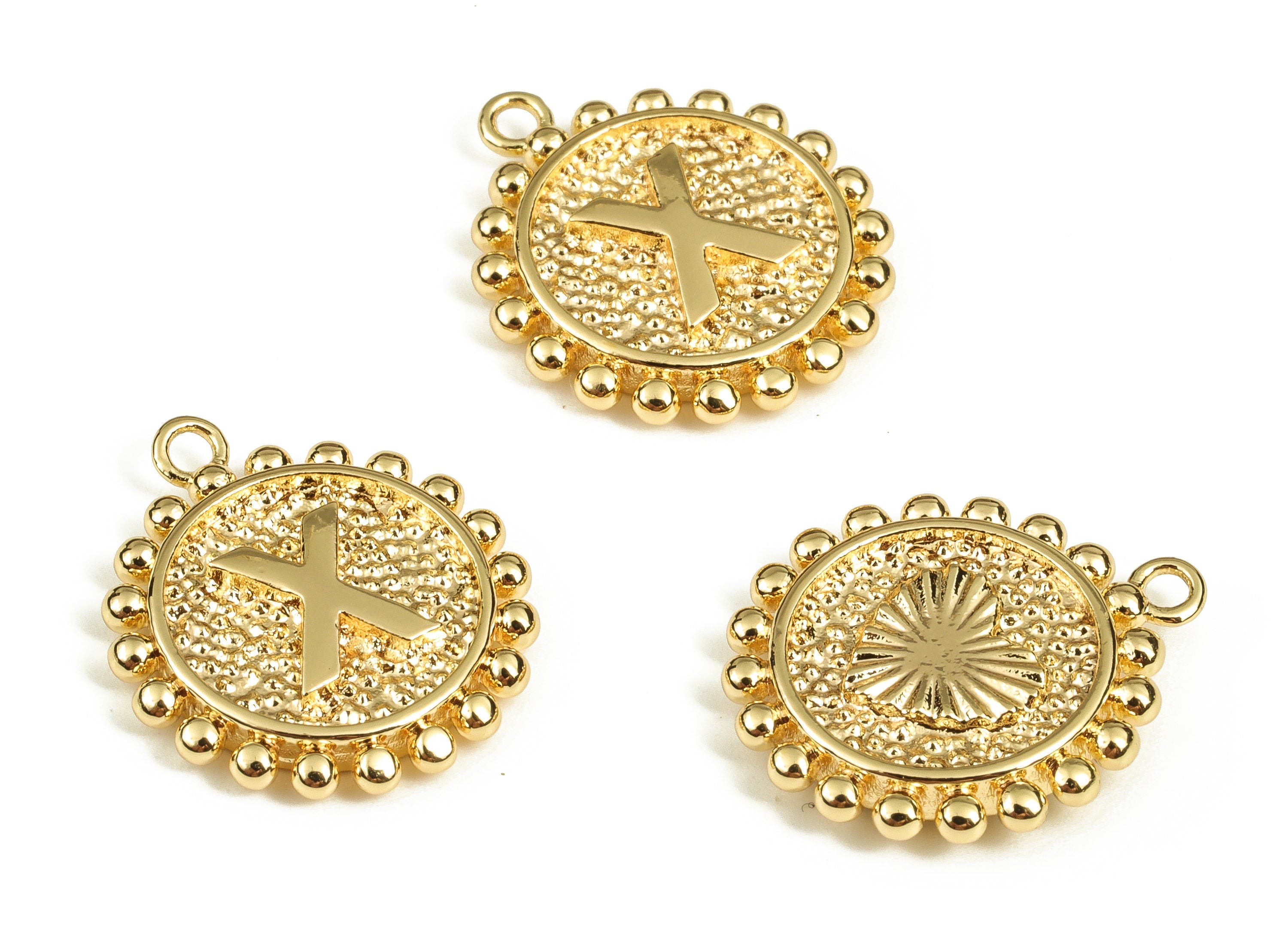 Brass Round Letter X Charms – Initial X Gold Round Pendant – 18K Real Gold Plated Brass – Jewelry Supplies - 18.11x15.71x2.72mm - RGP3774X - DOMEDBAZAAR