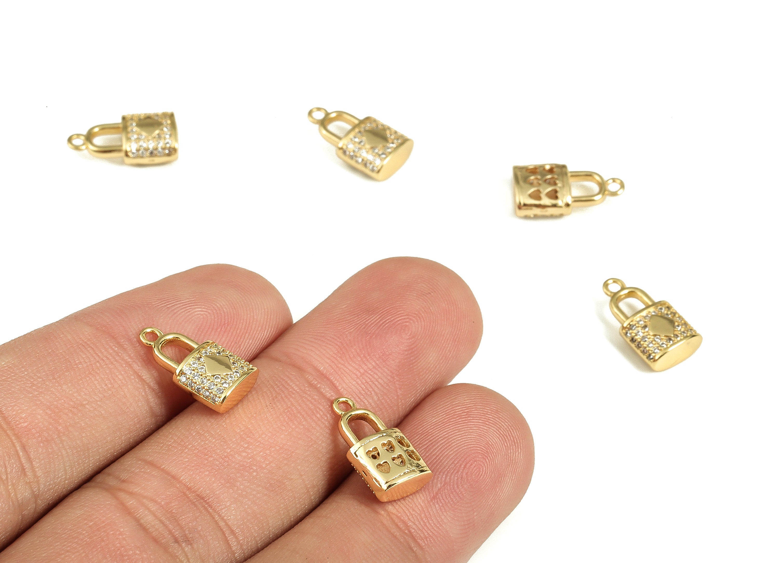 Brass Lock Earring Charms With Zircons - Gold Lock Shape Pendant - 18K Real Gold Plated Brass - Jewelry Supplies - 13.7x7.3x4mm - RGP3669 - DOMEDBAZAAR
