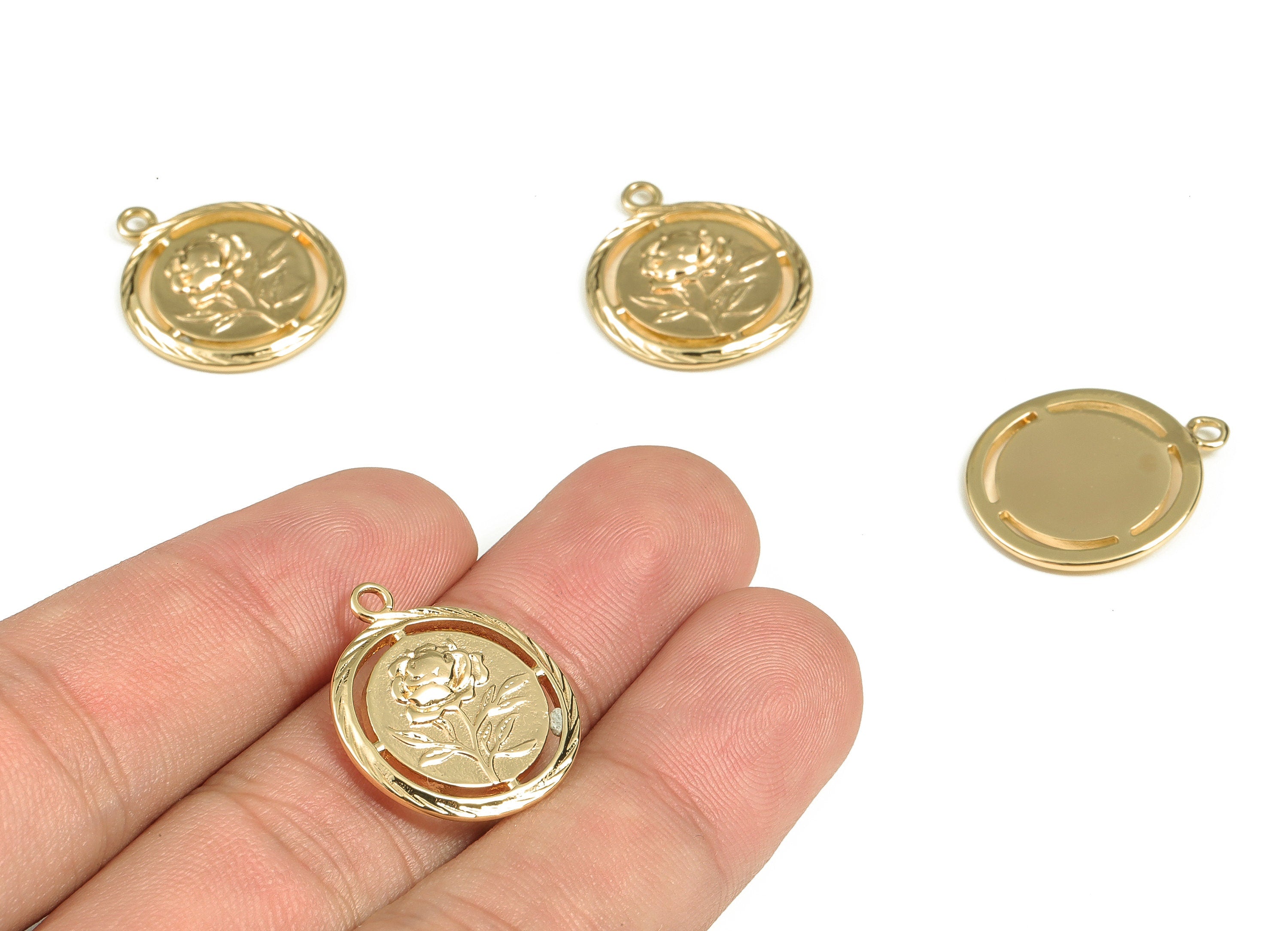 Brass Round Earring Charms - Gold Rose Flower Pendant - 18K Real Gold Plated Brass - Jewelry Making Supplies - 22.18x18.7x1.74mm - RGP3798 - DOMEDBAZAAR
