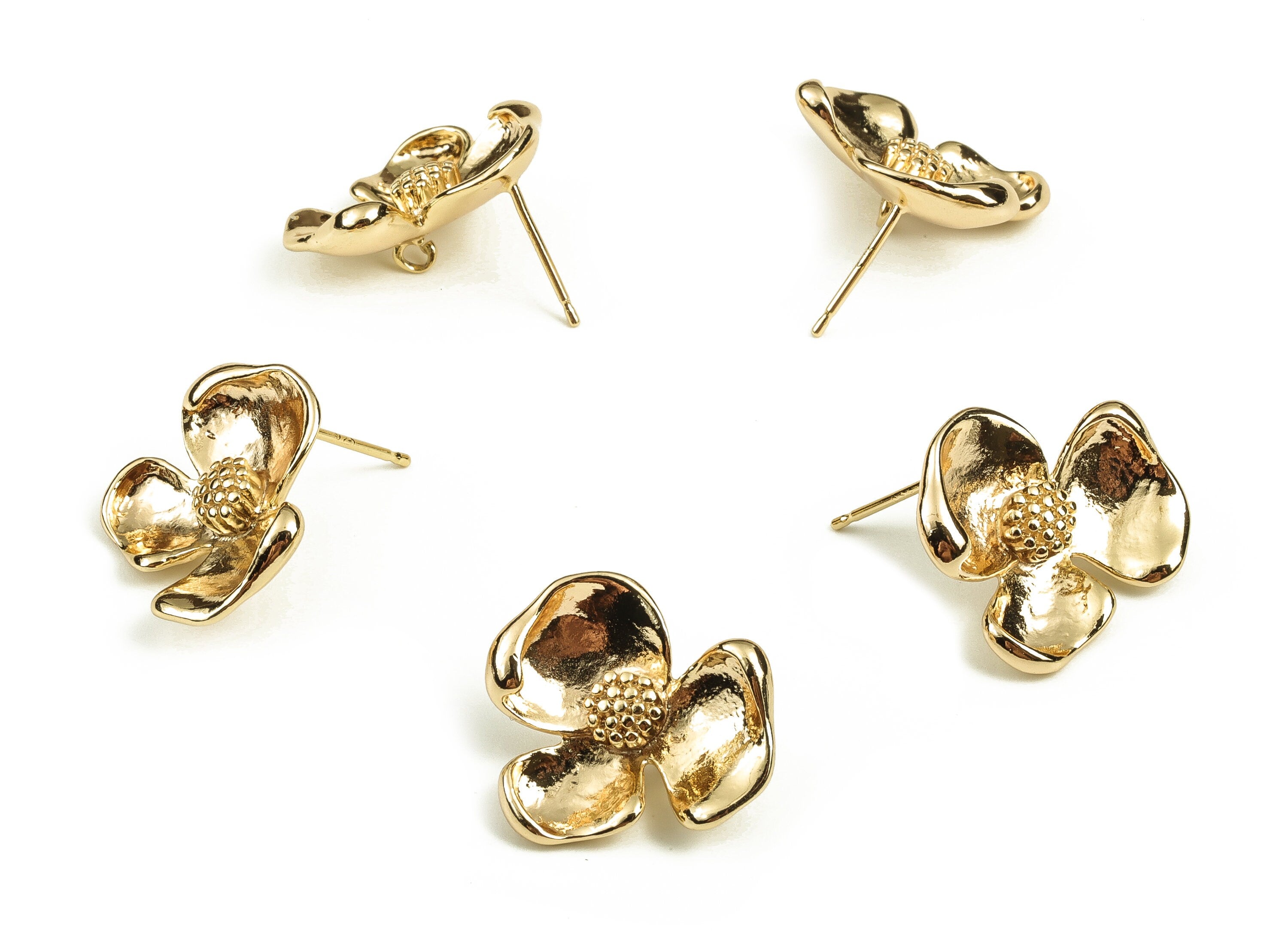 Brass Flower Earring Post - Gold Flower Earring Stud - 18K Real Gold Plated Brass - Silver Stud - Jewelry Supplies - 20x17.8x4.2mm - RGP3801 - DOMEDBAZAAR