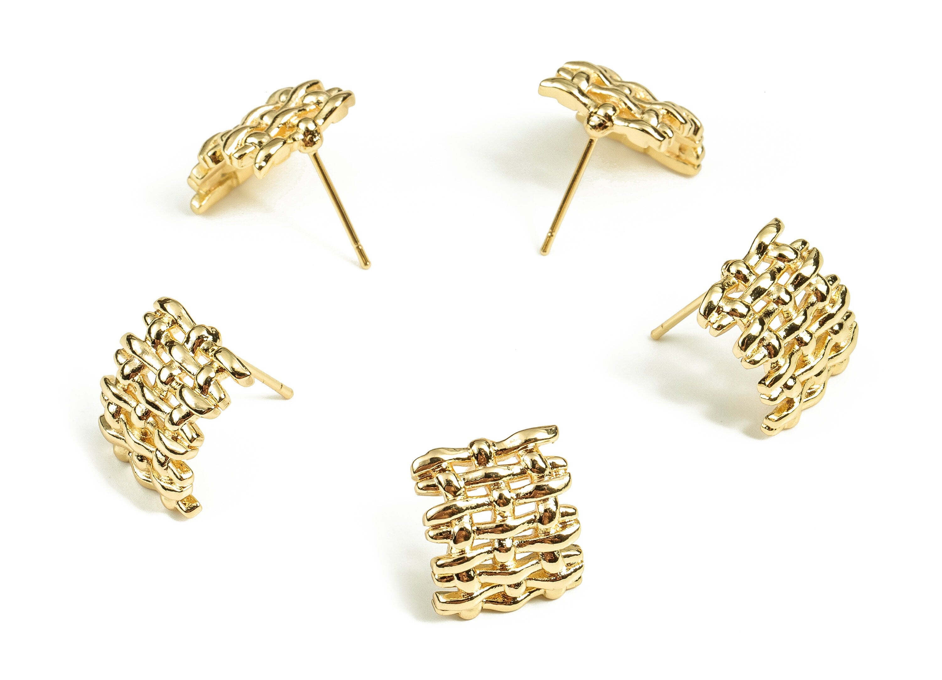 Brass Grid Earring Post - Gold Grid Earring Stud - 18K Real Gold Plated Brass - Stainless Steel Stud - 14.57x11.81x2.9mm - RGP3809 - DOMEDBAZAAR