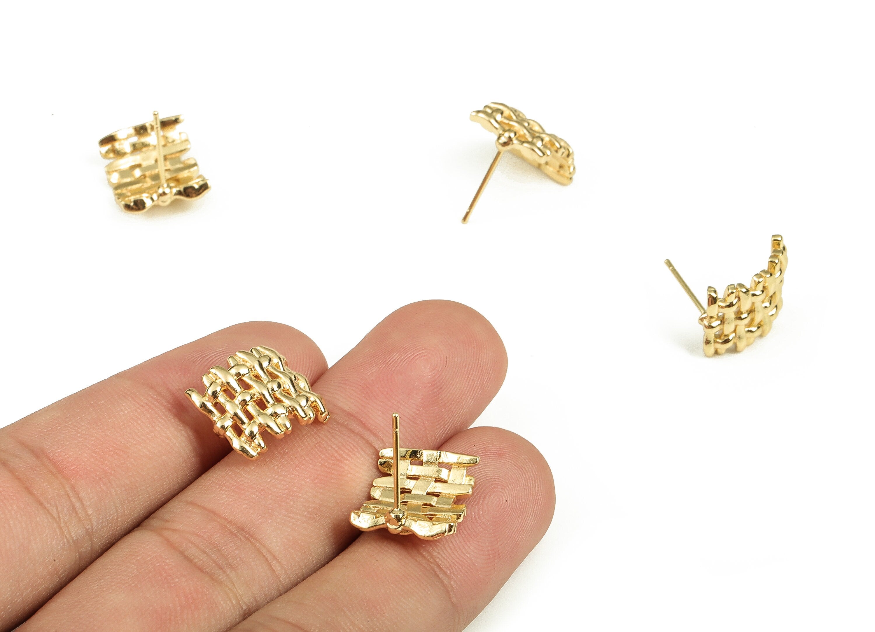 Brass Grid Earring Post - Gold Grid Earring Stud - 18K Real Gold Plated Brass - Stainless Steel Stud - 14.57x11.81x2.9mm - RGP3809 - DOMEDBAZAAR