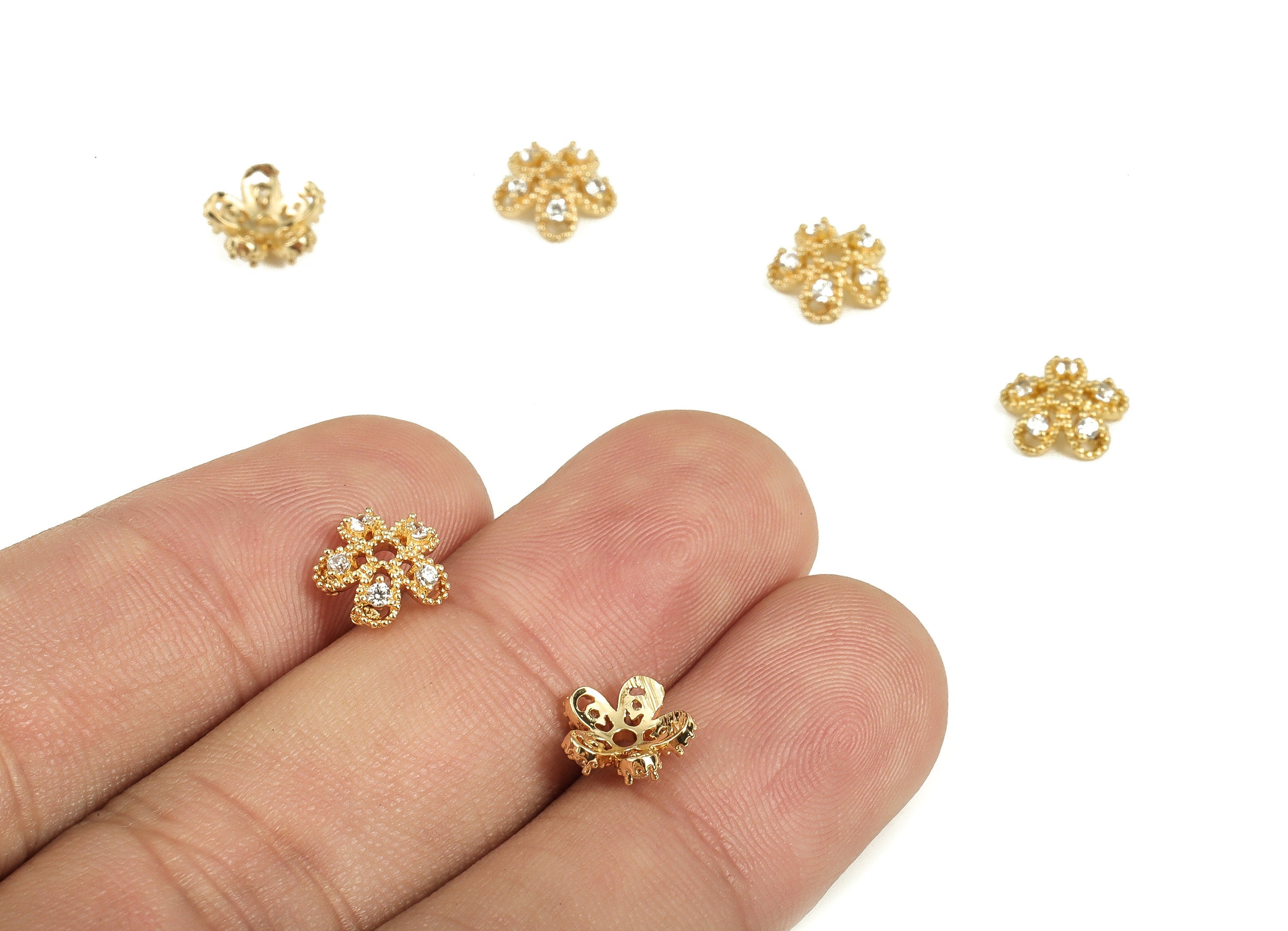 Flower Bead End Caps With Zircons - Spacer Bead Caps - 18K Gold Plated Brass Bracelet Beads Cap – Jewelry Supplies - 8.3x8.3x2.9mm – RGP3870 - DOMEDBAZAAR