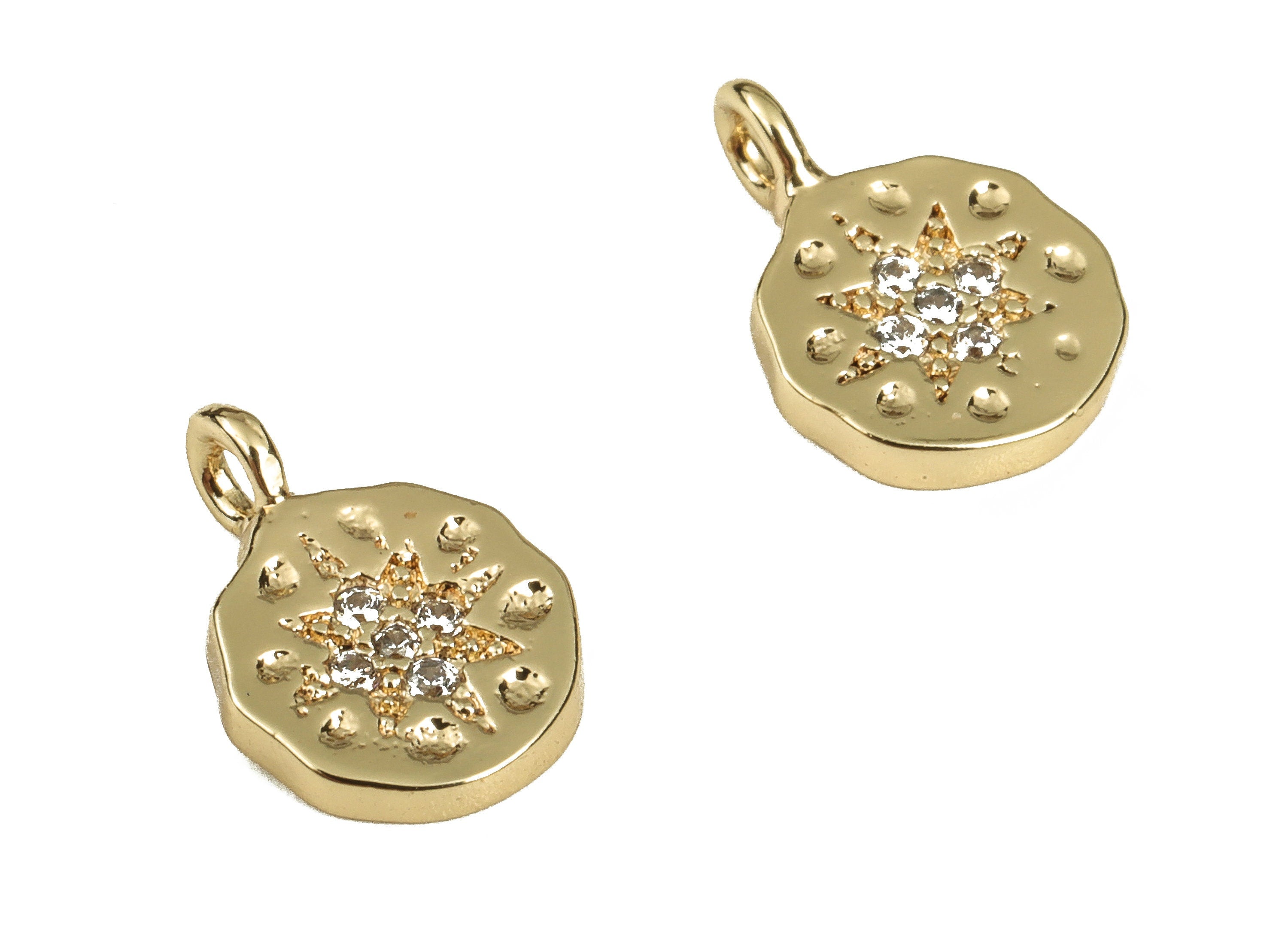 Brass Round Earring Charms With Zircons - Gold Star Pendant - 18K Real Gold Plated Brass - Jewelry Supplies - 11.13x7.72x1.63mm - RGP3869 - DOMEDBAZAAR
