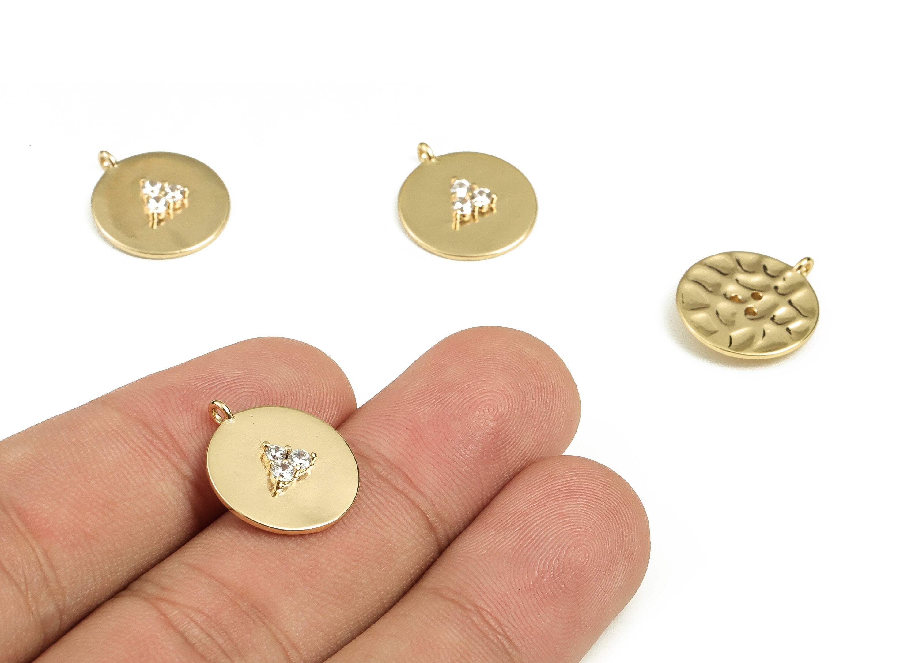 Brass Round Earring Charms With Zircons - Gold Triangle Pendant - 18K Real Gold Plated Brass - Jewelry Supplies - 17.28x14.8x2.5mm - RGP3883 - DOMEDBAZAAR