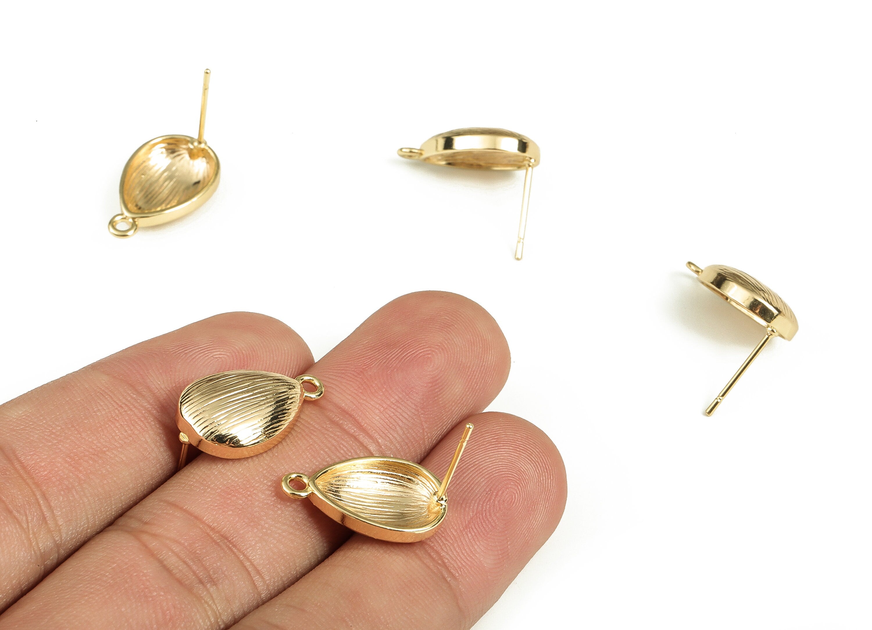 Brass Texture Shell Earring Post - Gold Shell Earring Stud - 18K Real Gold Plated Brass - Stainless Steel Stud - 18.21x10.88x3.9mm - RGP3812 - DOMEDBAZAAR