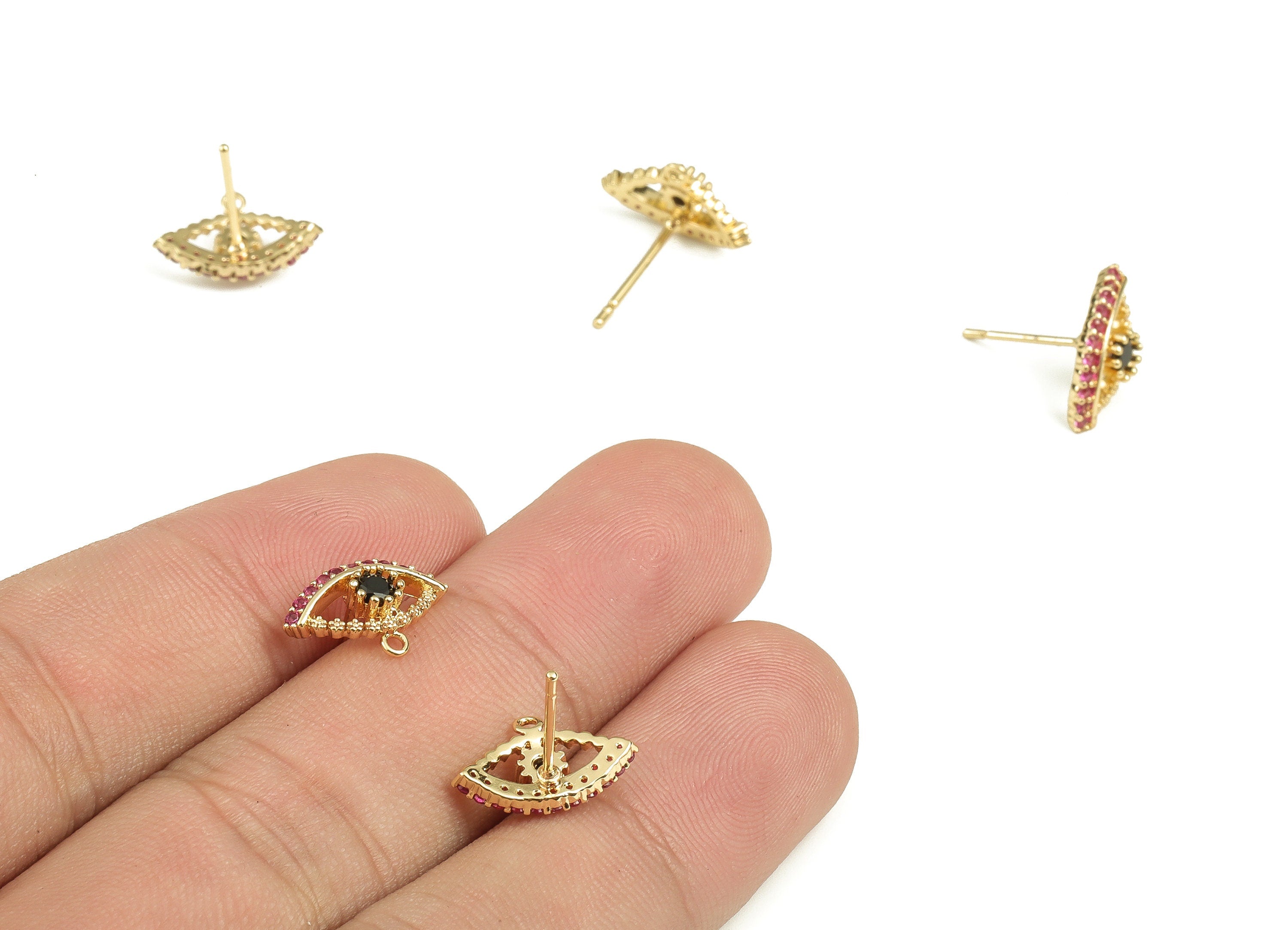 Brass Eye Earring Stud With Zircons - Gold Eye Earring Post - Stainless Steel Stud - 18K Real Gold Plated Brass – 8.61x13.93x3.6mm - RGP3872 - DOMEDBAZAAR