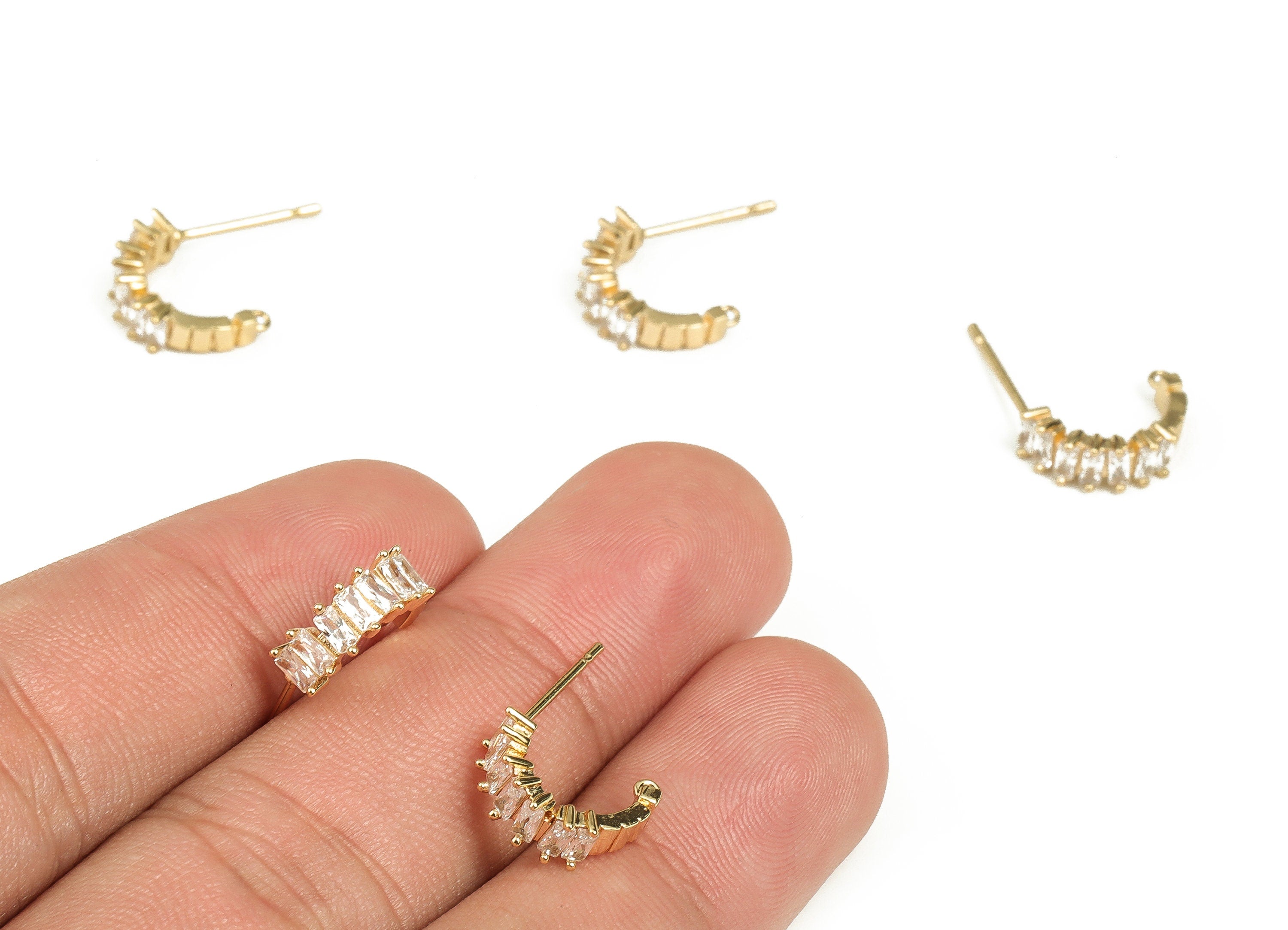 Brass C Shaped Earring Stud - Gold Semicircle Earring Post - Brass Stud with Zircon - 18K Real Gold Plated Brass -13.3x8.5x4.13mm- RGP3468 - DOMEDBAZAAR
