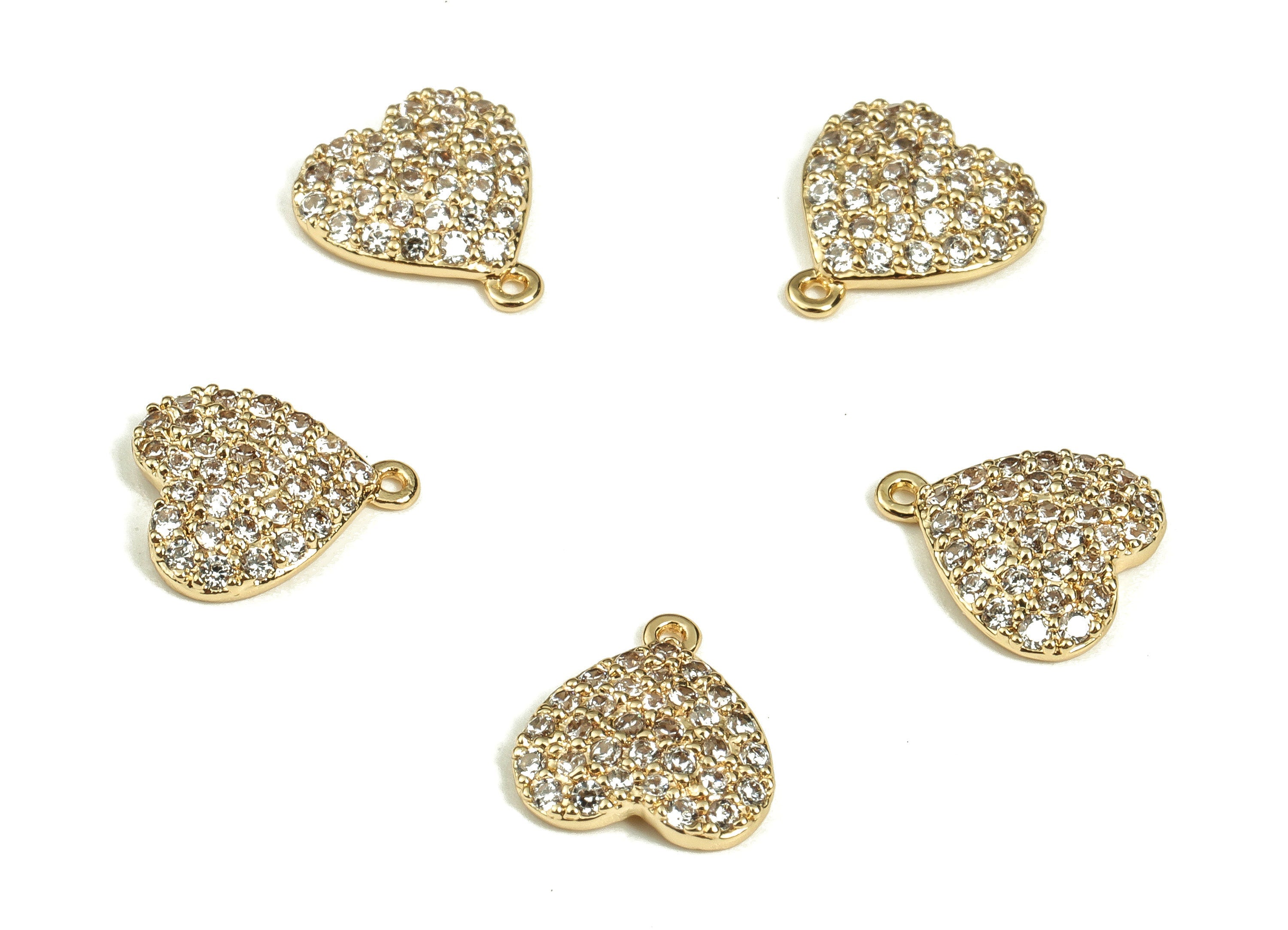 Brass Heart Earring Charms With Zircons - Gold Heart Pendant - 18K Real Gold Plated Brass - Jewelry Making Supplies - 9.37x8.6x2mm - RGP3457 - DOMEDBAZAAR