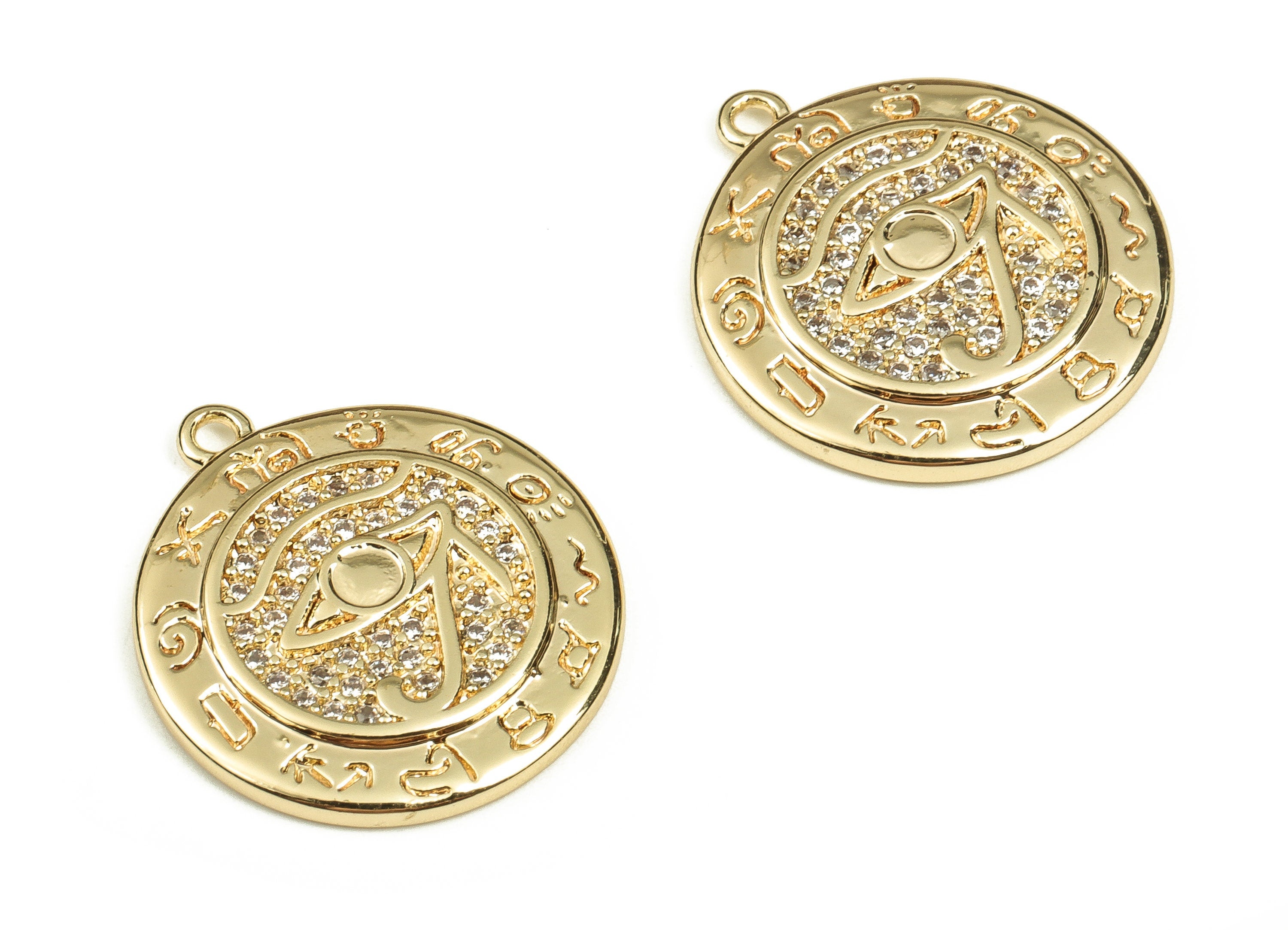 Brass Round Earring Charms With Zircons - Gold Eye Pendant - 18K Real Gold Plated Brass - Jewelry Supplies - 19.93x17.9x2.14mm - RGP3717 - DOMEDBAZAAR