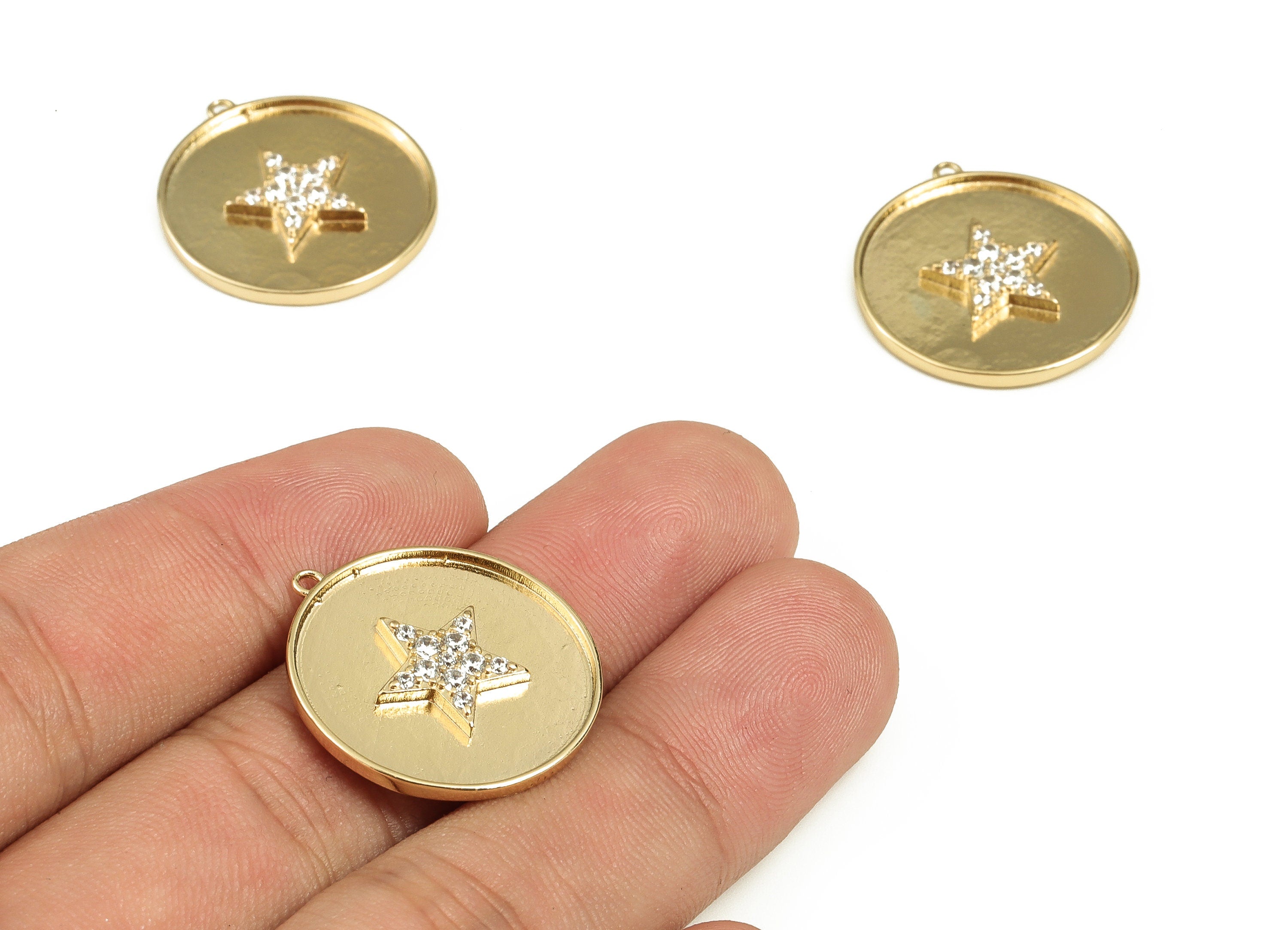 Brass Round Earring Charms With Zircons - Gold Star Pendant - 18K Real Gold Plated Brass - Jewelry Supplies - 24.76x22.73x2.59mm - RGP3906 - DOMEDBAZAAR